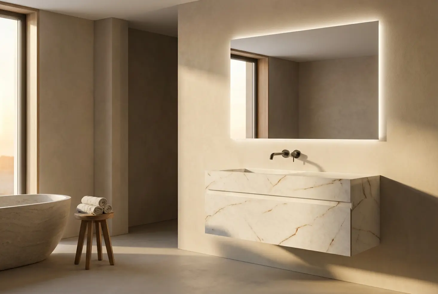 Baño moderno con paredes de microcementos y diseño minimalista ideal para planificación de reformas