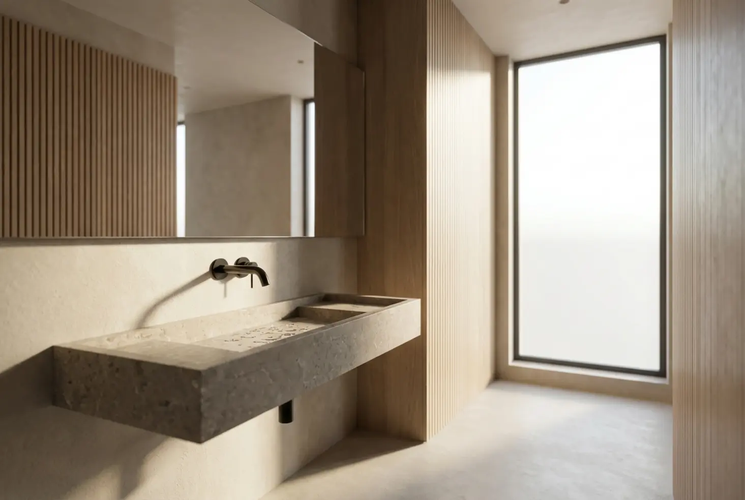 Baño minimalista de diseño moderno con acabados en blanco mate y madera clara