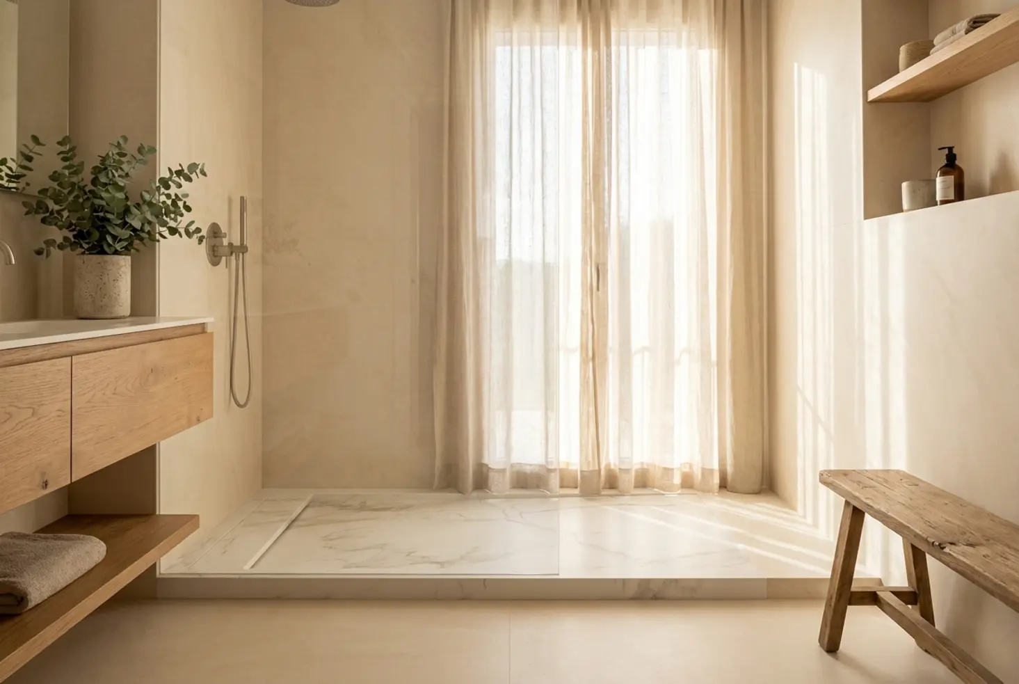 Ducha moderna con revestimiento de Silestone sostenible en tonos crema y luz natural