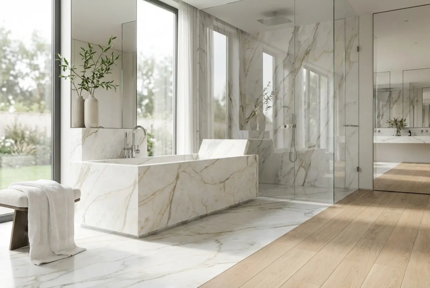 Baño principal de lujo en suite de diseño arquitectónico con acabados premium y luz natural