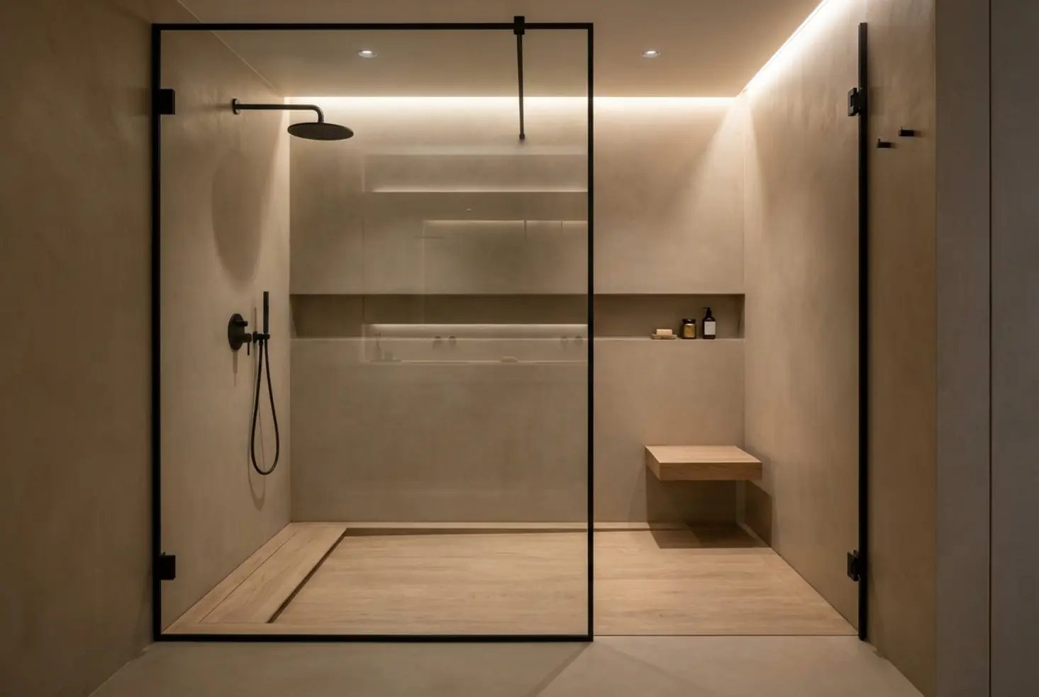 Ducha de diseño tipo spa con materiales técnicos y estética minimalista para proyectos de reforma integral