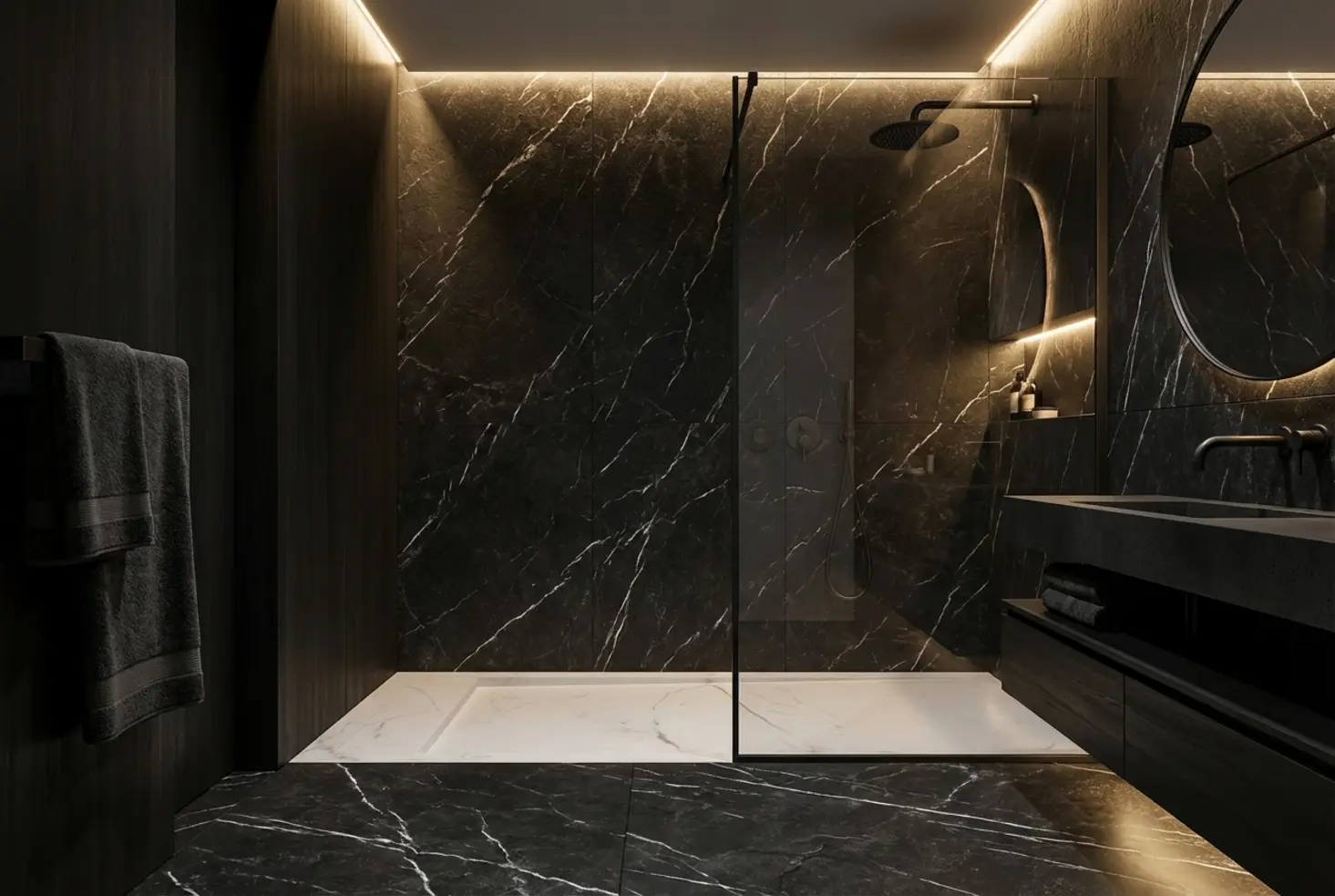 Espacio de ducha moderno con revestimiento de mármol negro veteado y grifería negra mate