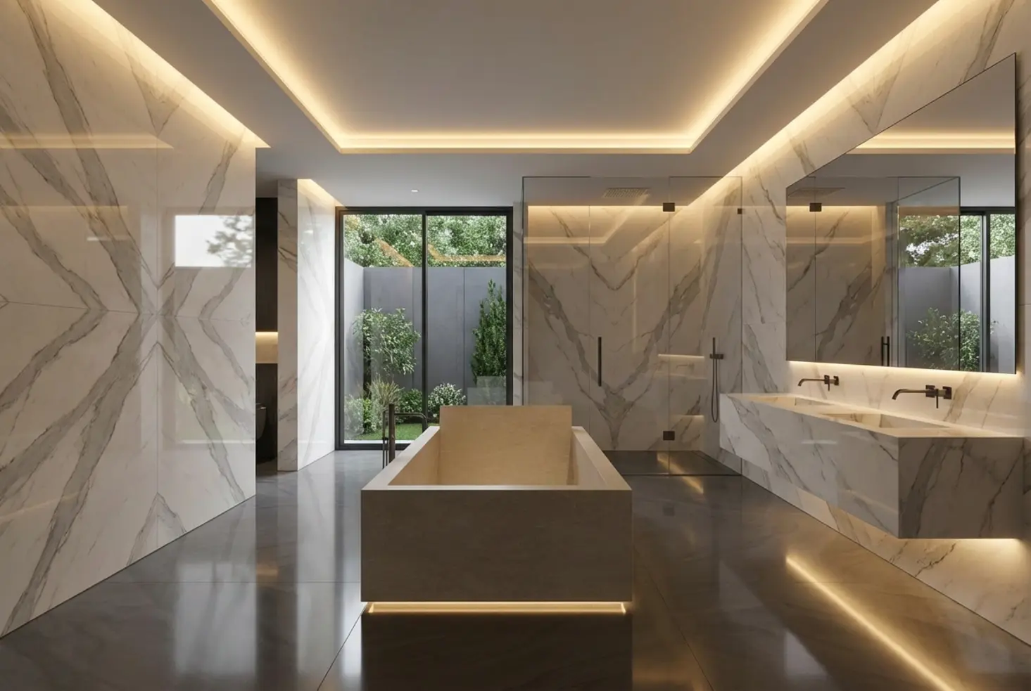 Suite de baño de gran lujo con superficies de Dekton efecto mármol pulido y diseño arquitectónico
