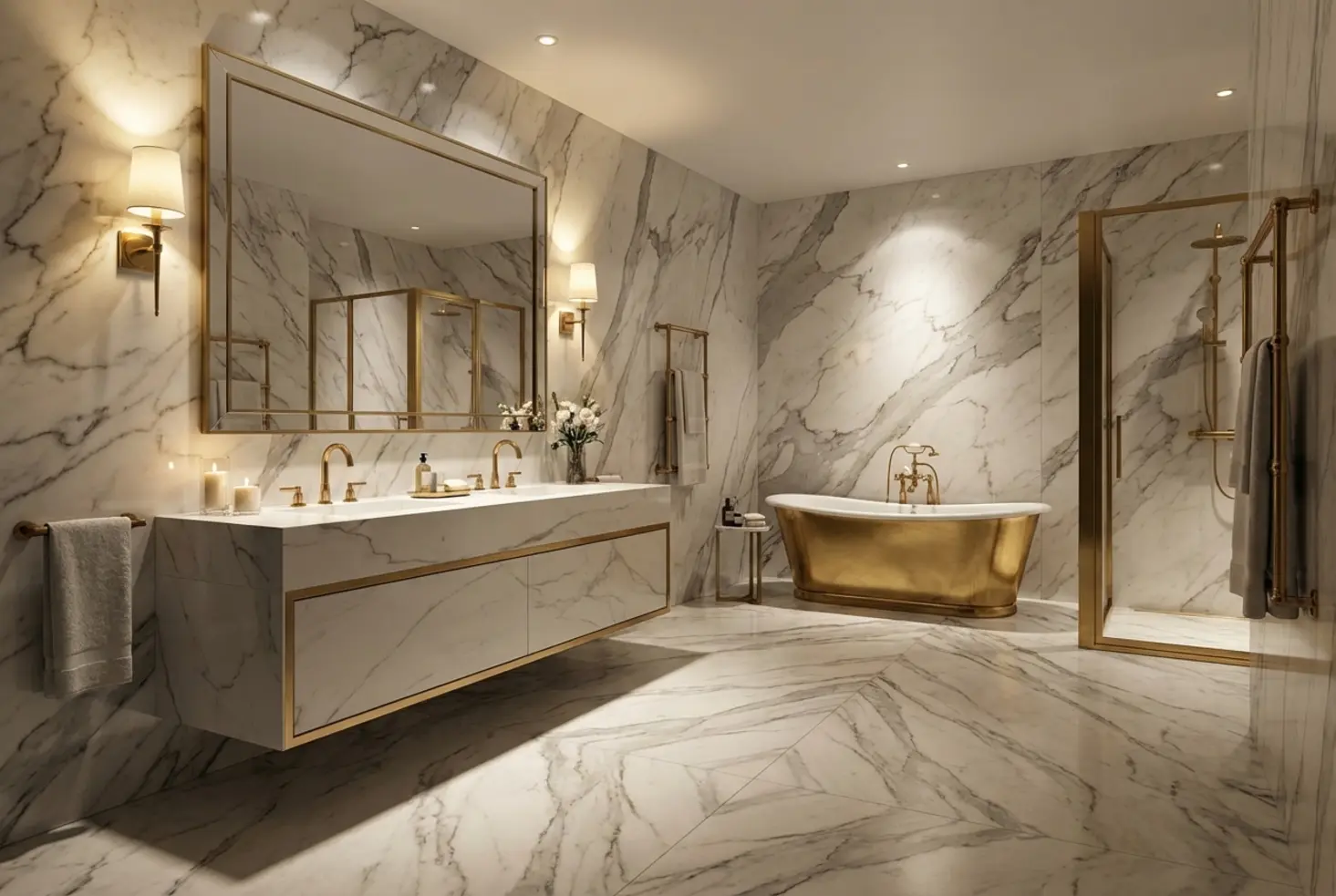 Ambiente de baño de lujo con revestimiento de mármol y estética sofisticada