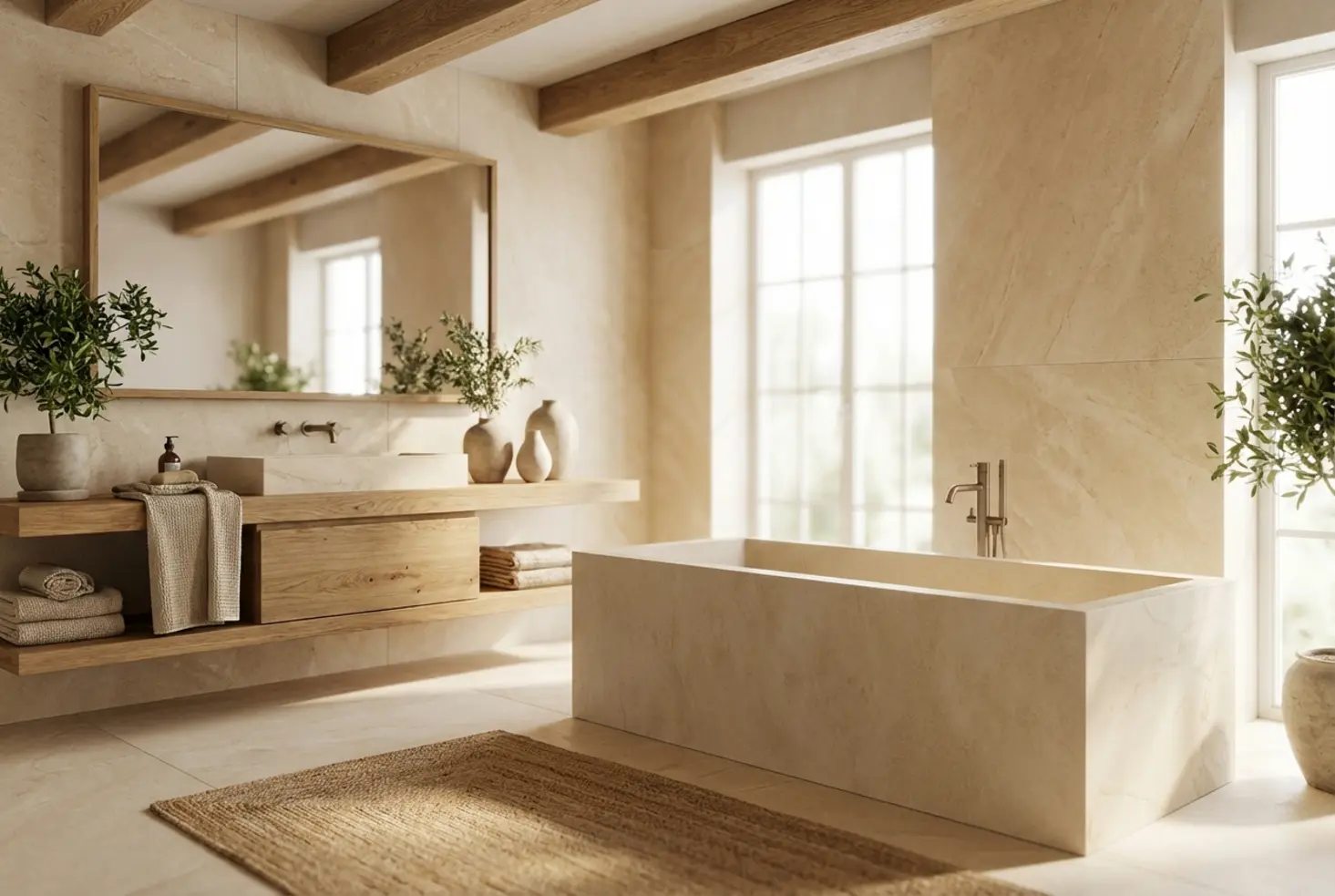 Baño de estilo mediterráneo con mármol beige y detalles de madera natural