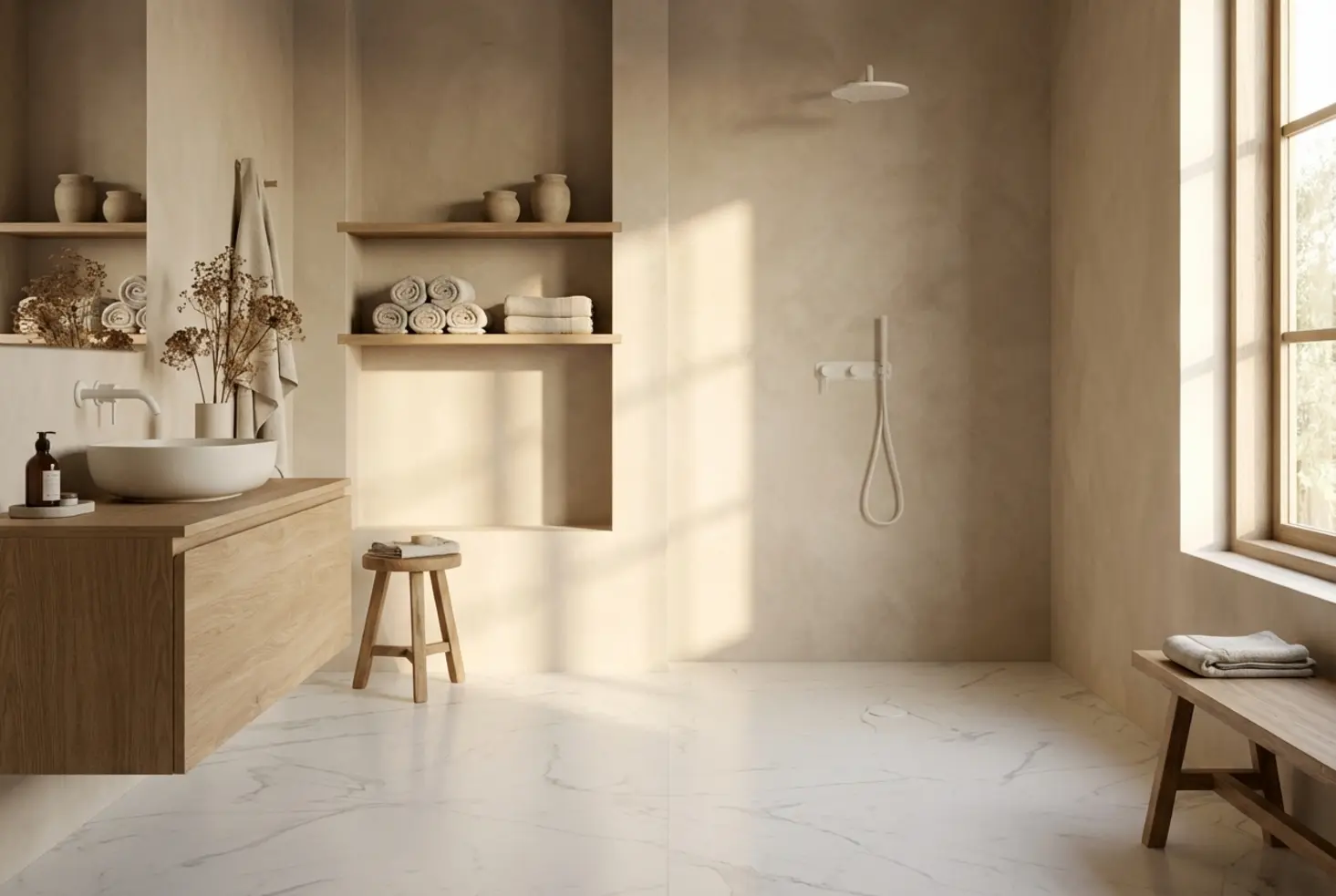 Ambiente de baño sereno con texturas de piedra natural cálida