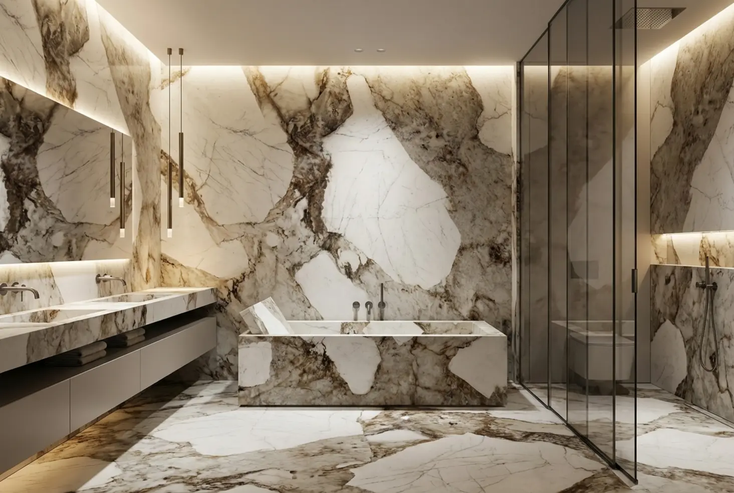 Baño de lujo con paredes de diseño marmoleado de alta gama
