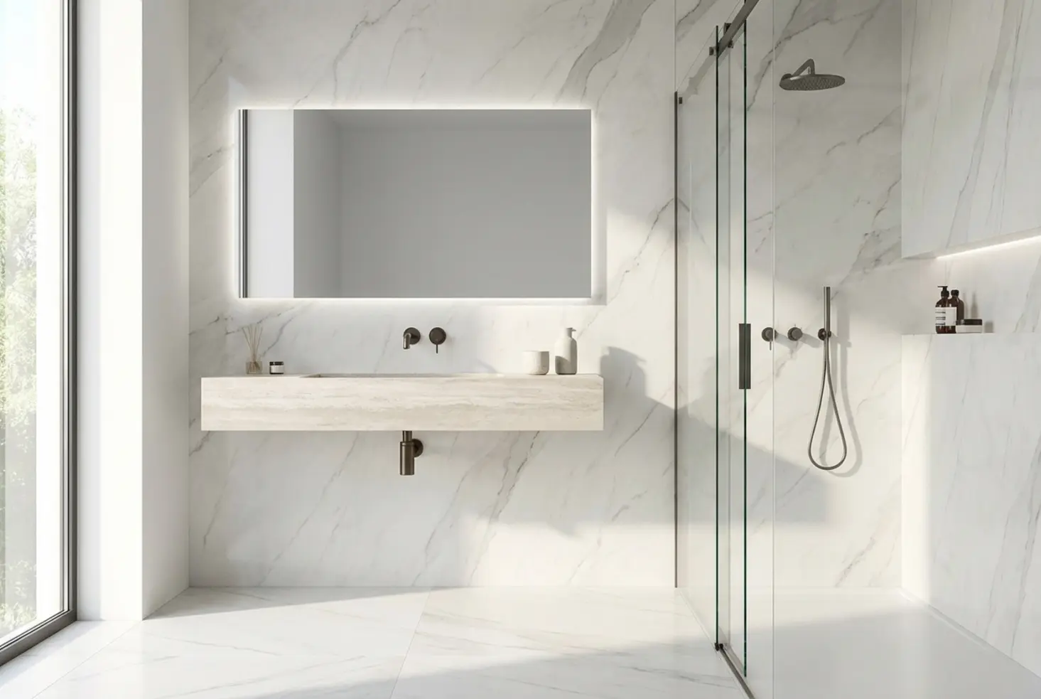 Diseño de baño minimalista con encimera de Silestone blanca efecto mármol y grifería negra