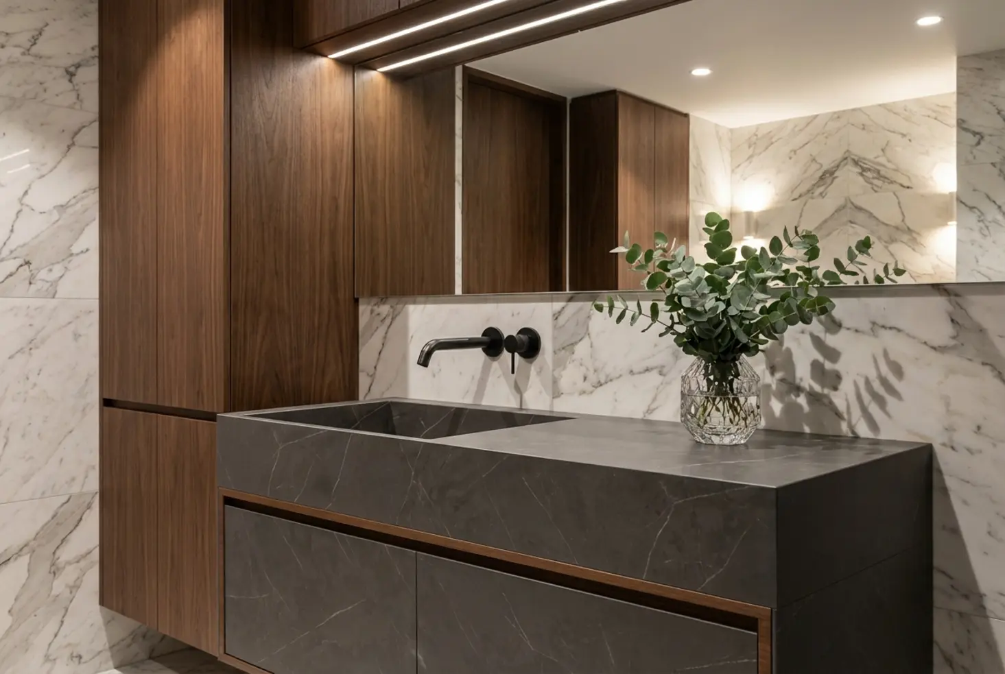 Lavabo moderno integrado en mueble de baño de nogal con encimera de mármol