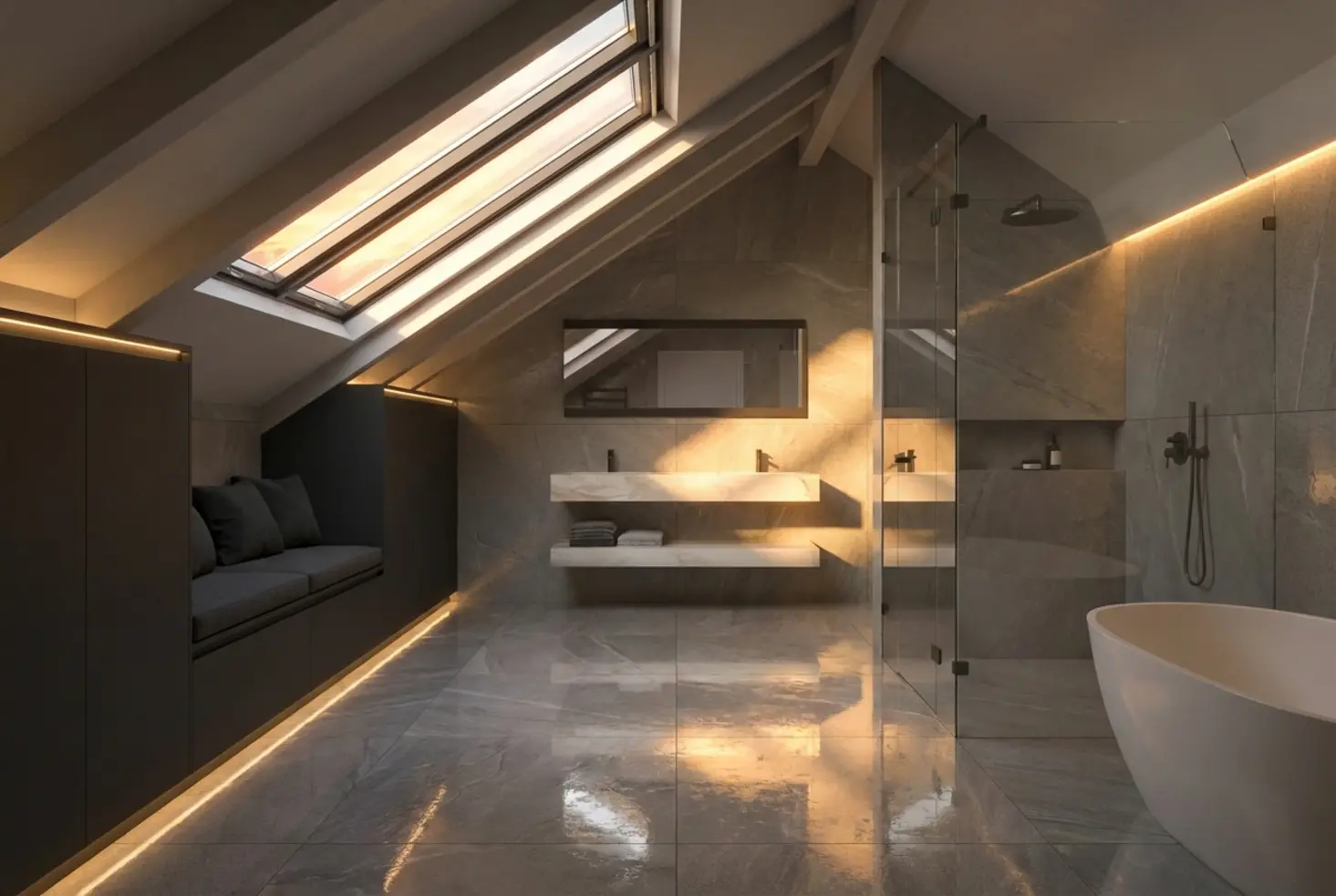 Cuarto de baño moderno de lujo en un ático con paredes de mármol gris, bañera exenta, ducha de cristal y amplias claraboyas que iluminan el espacio.