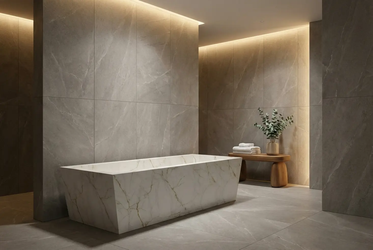 Bañera en ambiente de lujo revestido con gres porcelánico de alta calidad