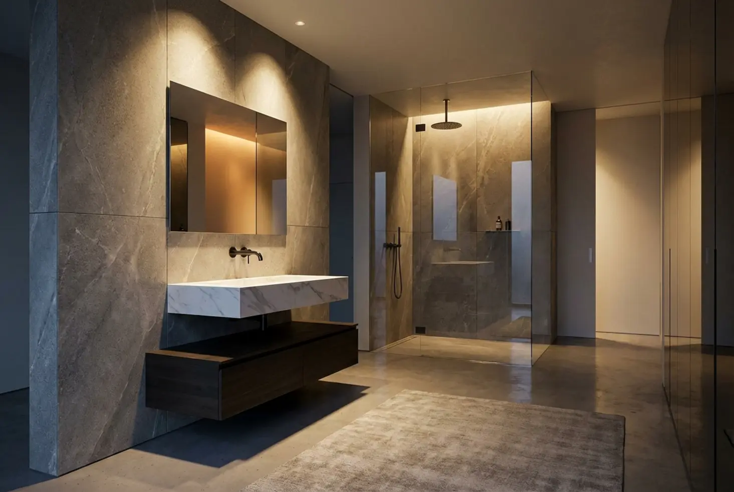 Lavabo suspendido en baño minimalista con paredes de efecto piedra y luz ambiental