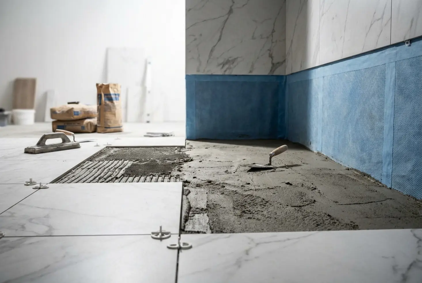 Preparación del suelo e impermeabilización para instalación de plato de ducha