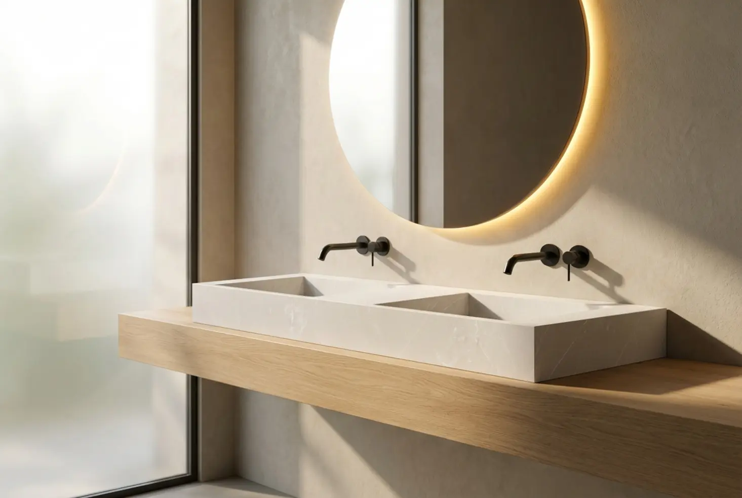 Lavabo de diseño moderno sobre encimera de madera en baño de estilo nórdico