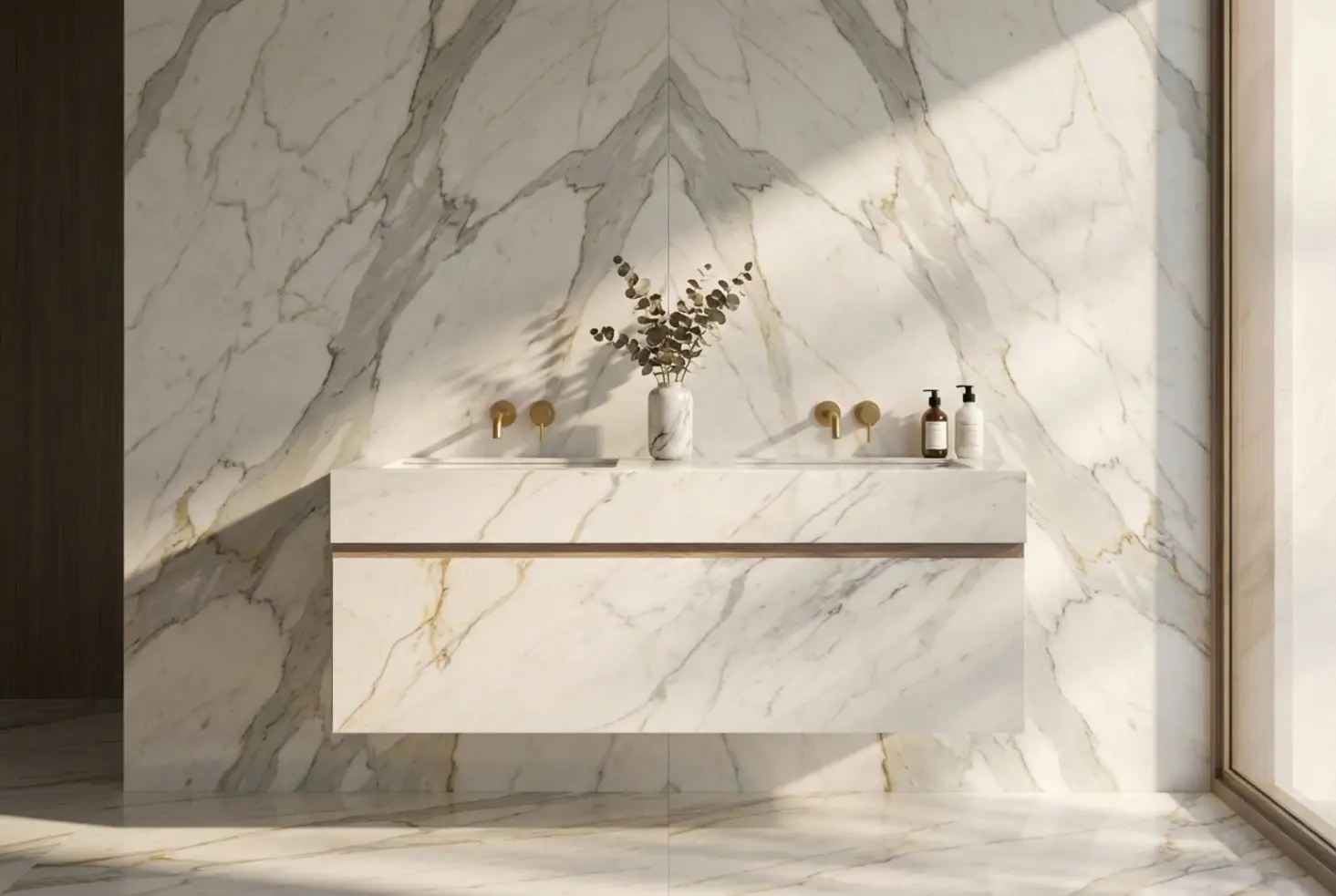 Lavabo flotante y paredes de baño revestidos en mármol blanco con vetas grises