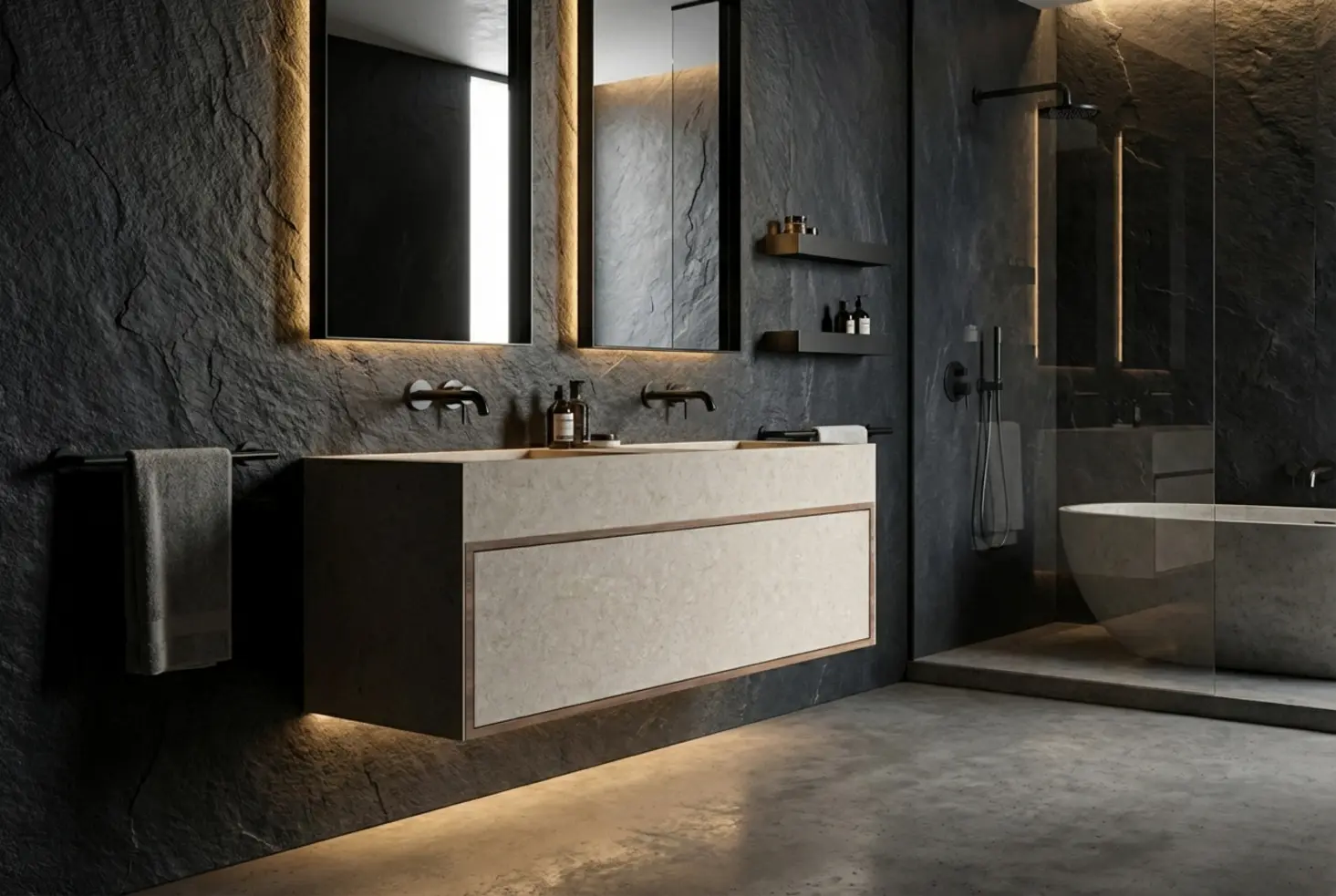 Baño de estilo industrial con acabados en negro mate y texturas de pizarra