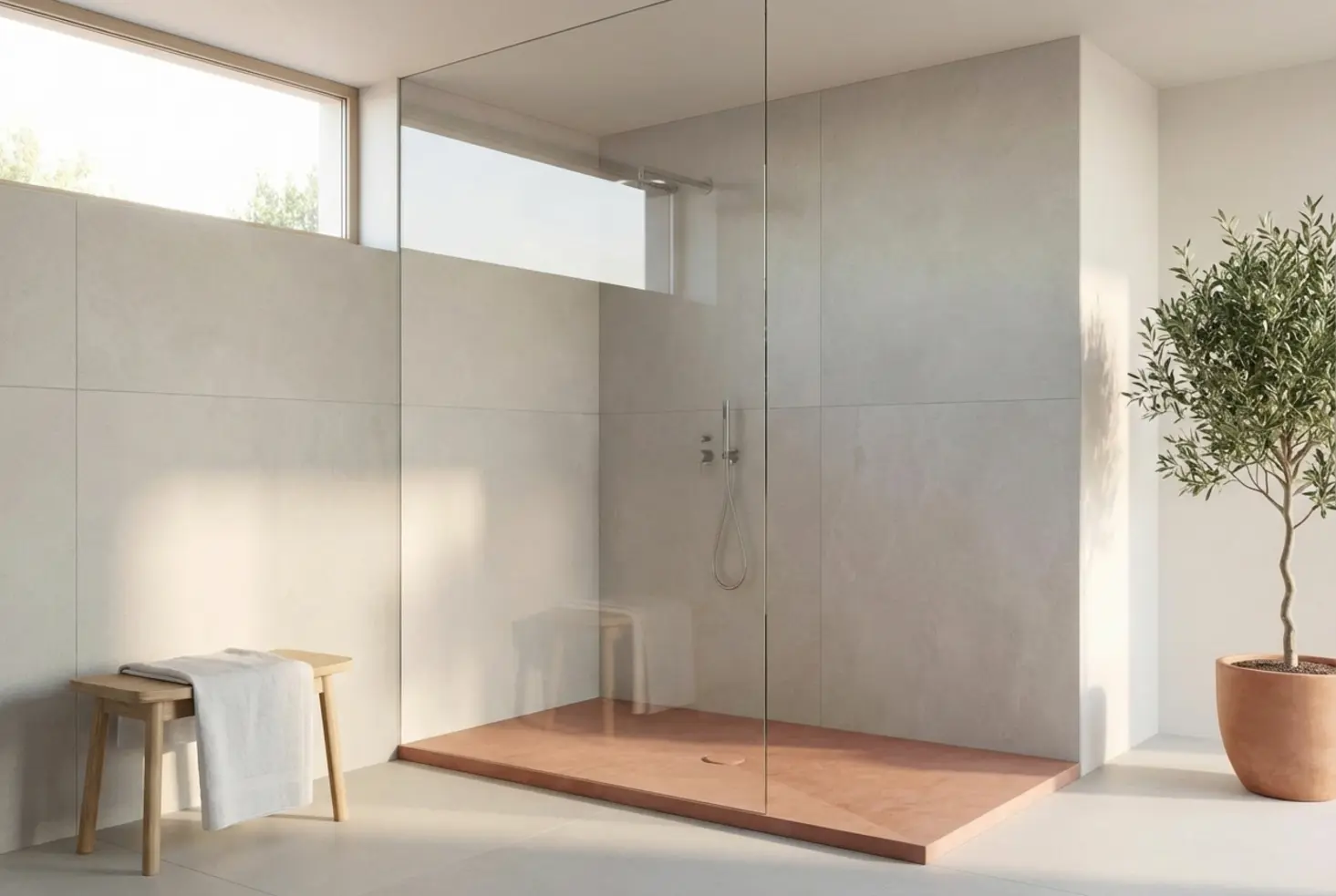 Mamparas de ducha de cristal fijo en un baño de diseño minimalista con plato de ducha de color terracota