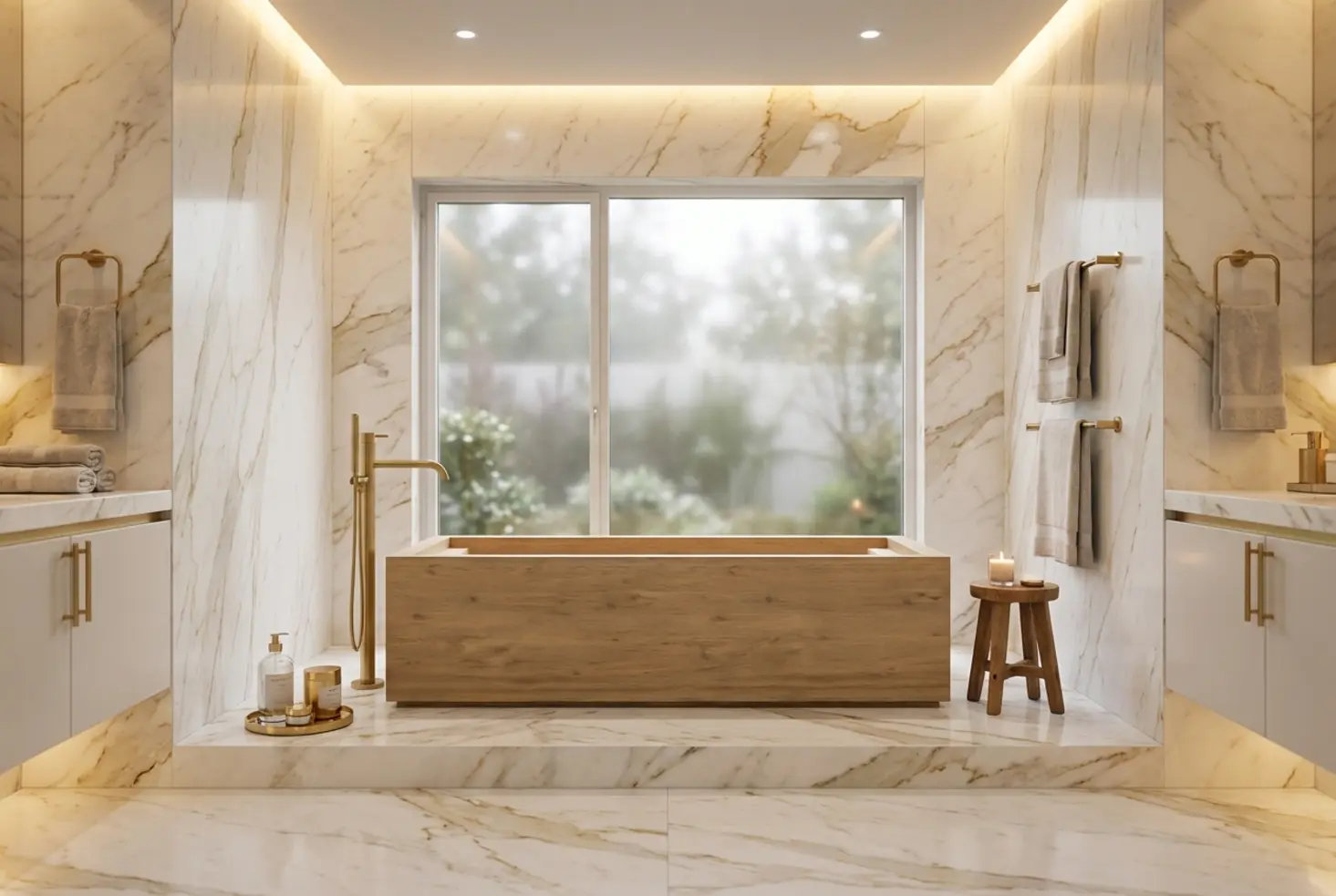 Baño de lujo con mármol calacatta y detalles en oro cepillado