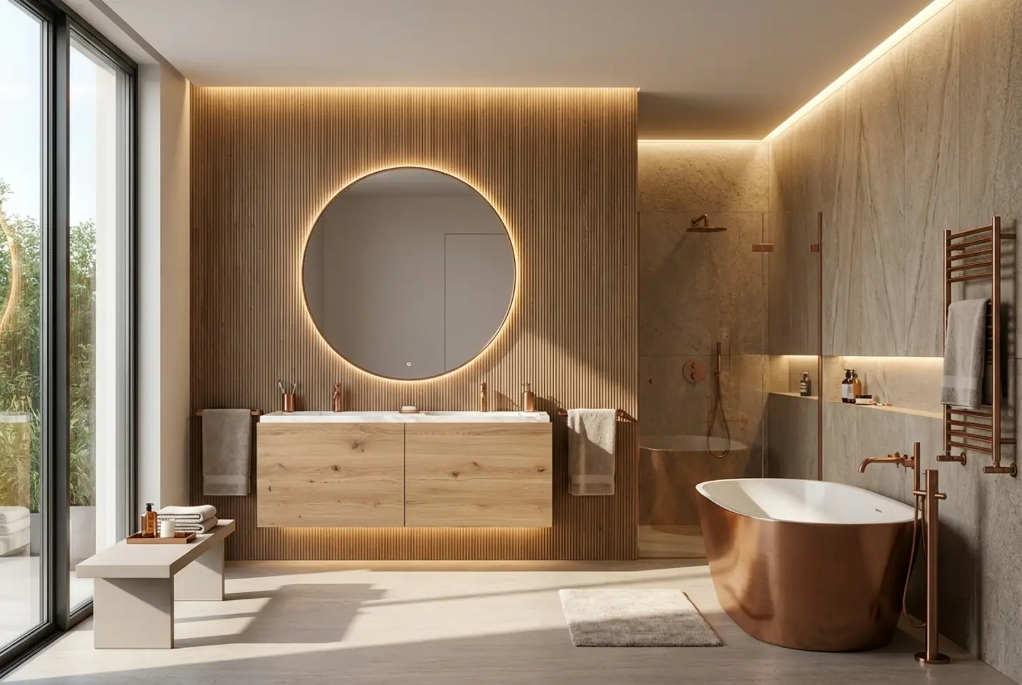 Ambiente de baño contemporáneo premium con acabados de alta gama