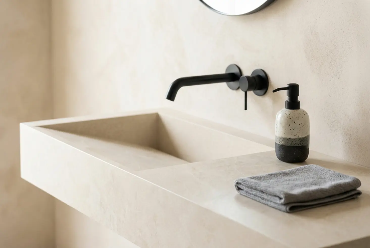 Detalle de encimera de baño impecable con accesorios de limpieza suaves