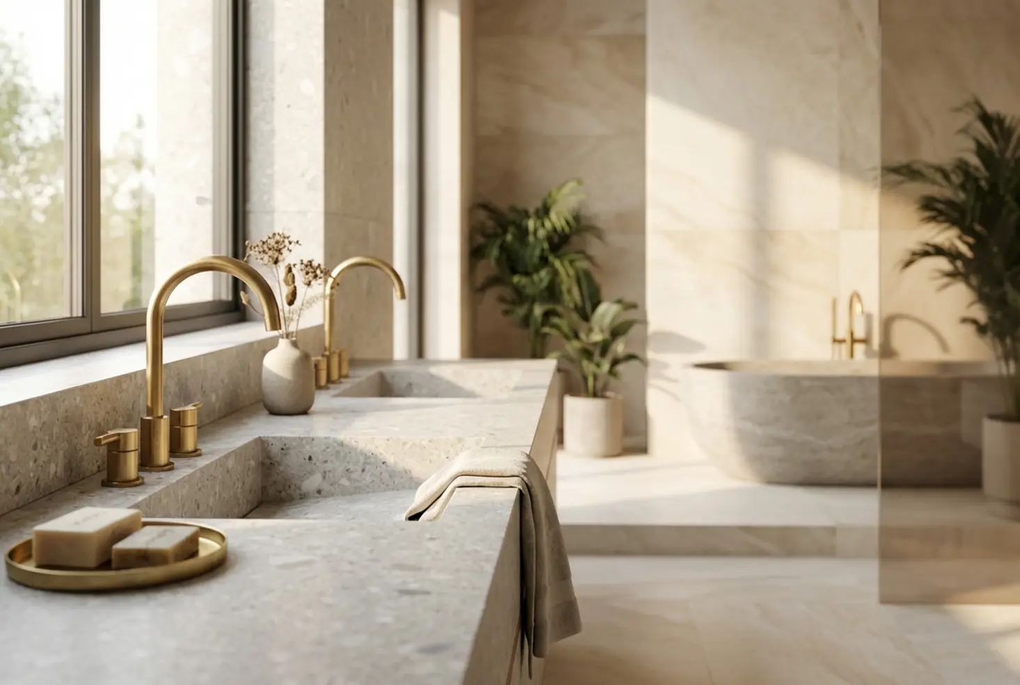 Encimera y lavabos dobles de material porcelánico con grifería dorada en un baño de lujo.