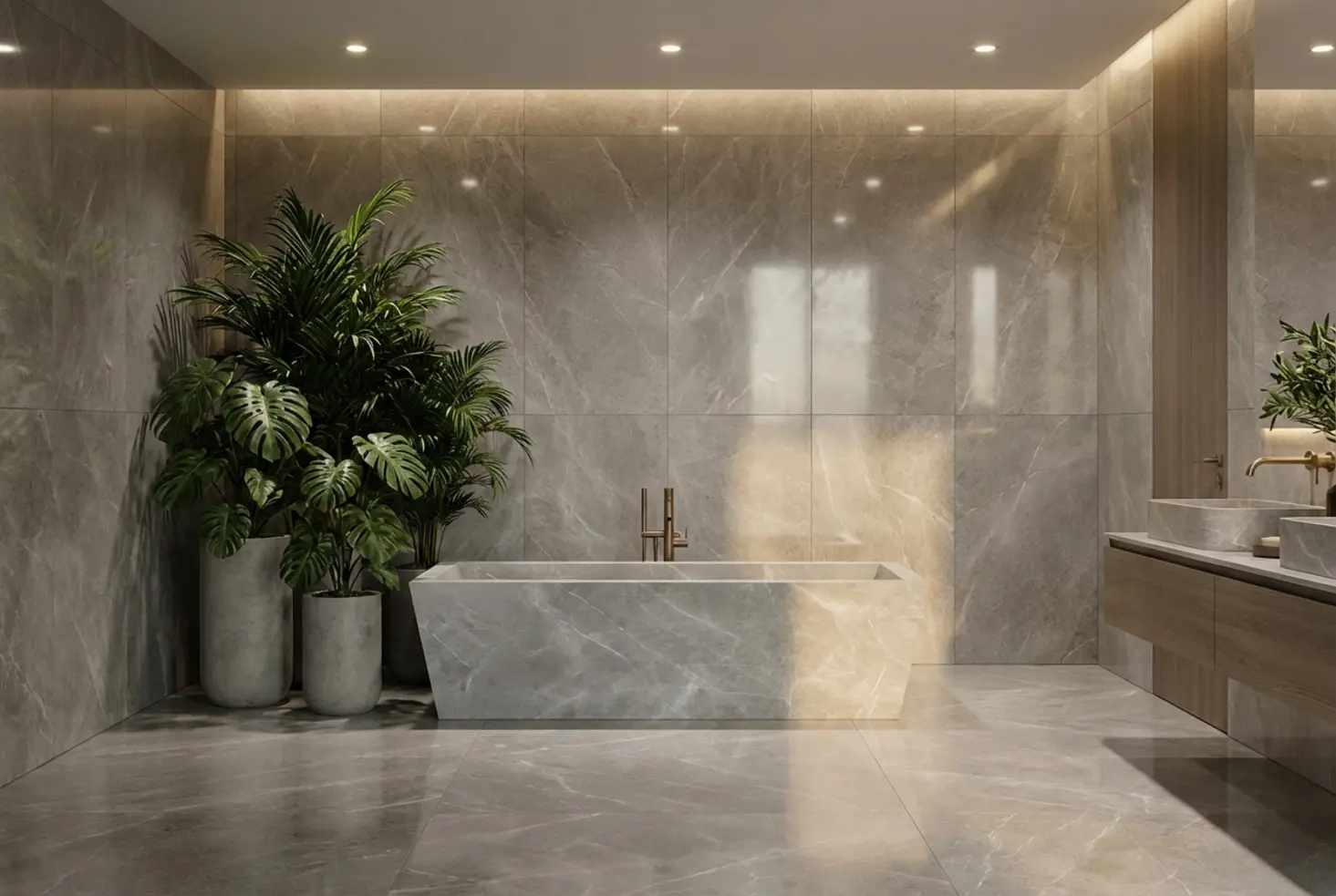 Bañera en un entorno de lujo resaltando la resistencia y estética de los materiales porcelánicos