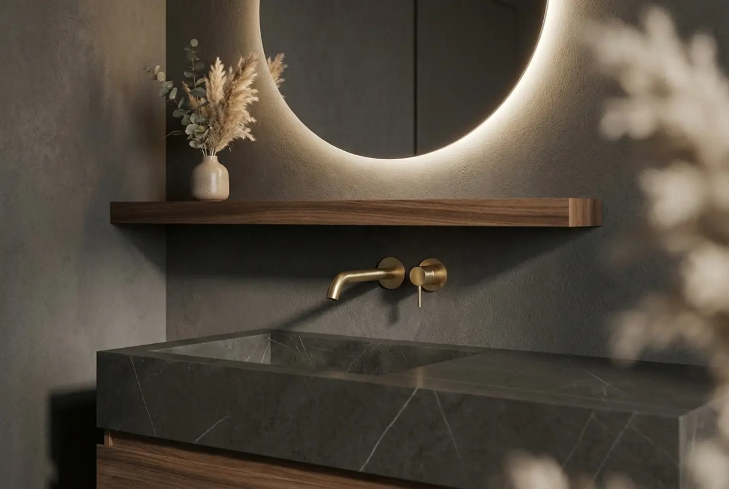 Lavabo con mueble de diseño en un baño moderno donde destaca la higiene del material porcelánico