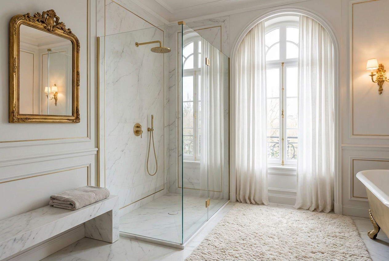 Baño de diseño minimalista destacando el mantenimiento plato de ducha porcelánico con efecto mármol