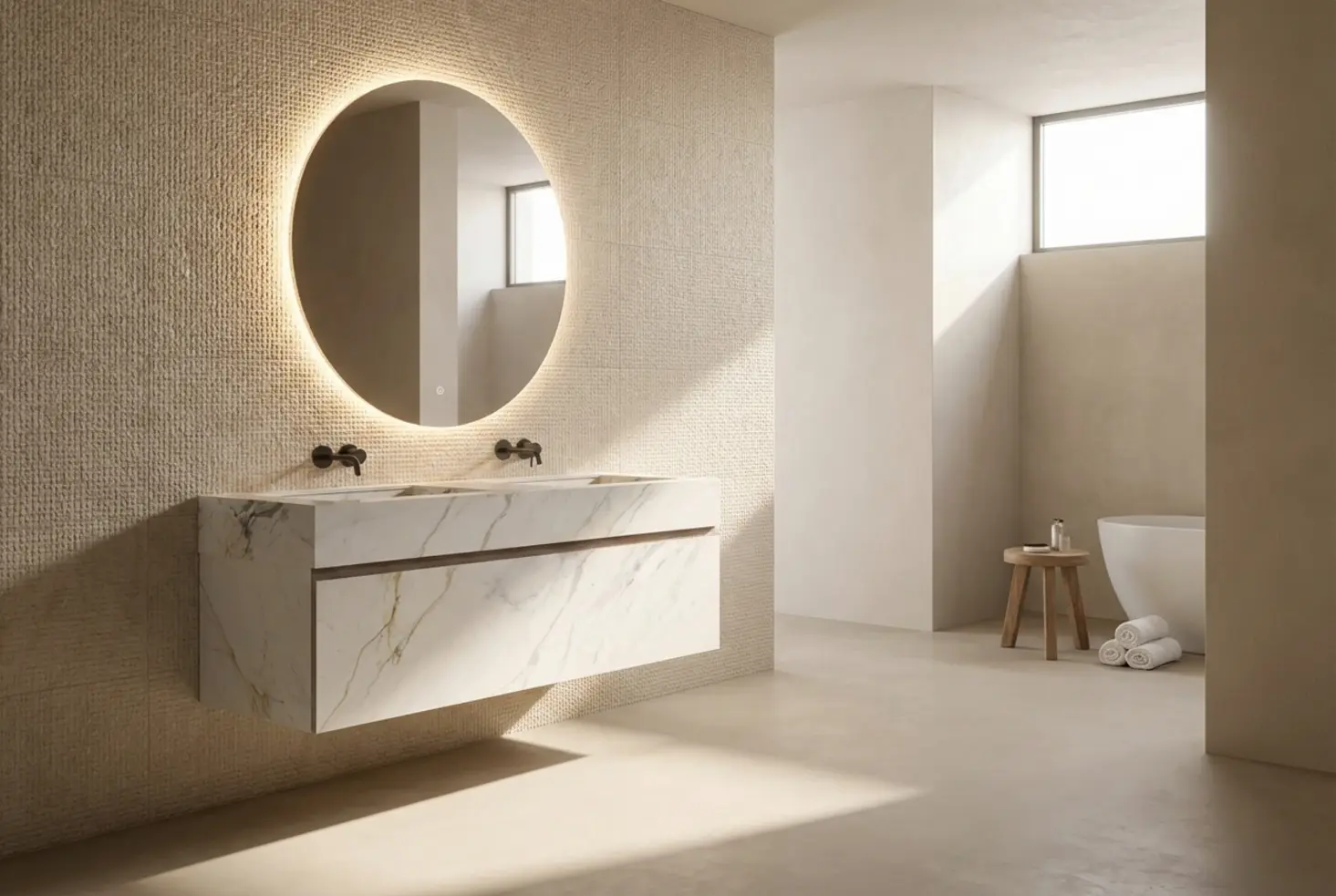 Mueble baño suspendido de mármol blanco con lavabo doble y espejo circular iluminado