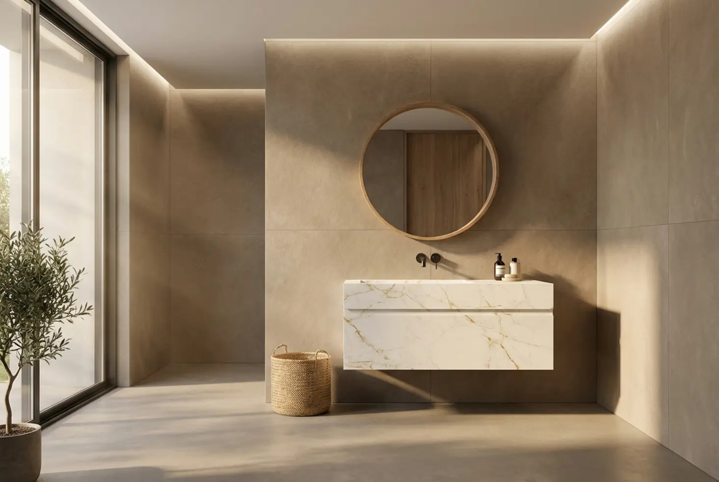 Mueble de baño flotante fabricado en Dekton con veteado dorado y diseño minimalista