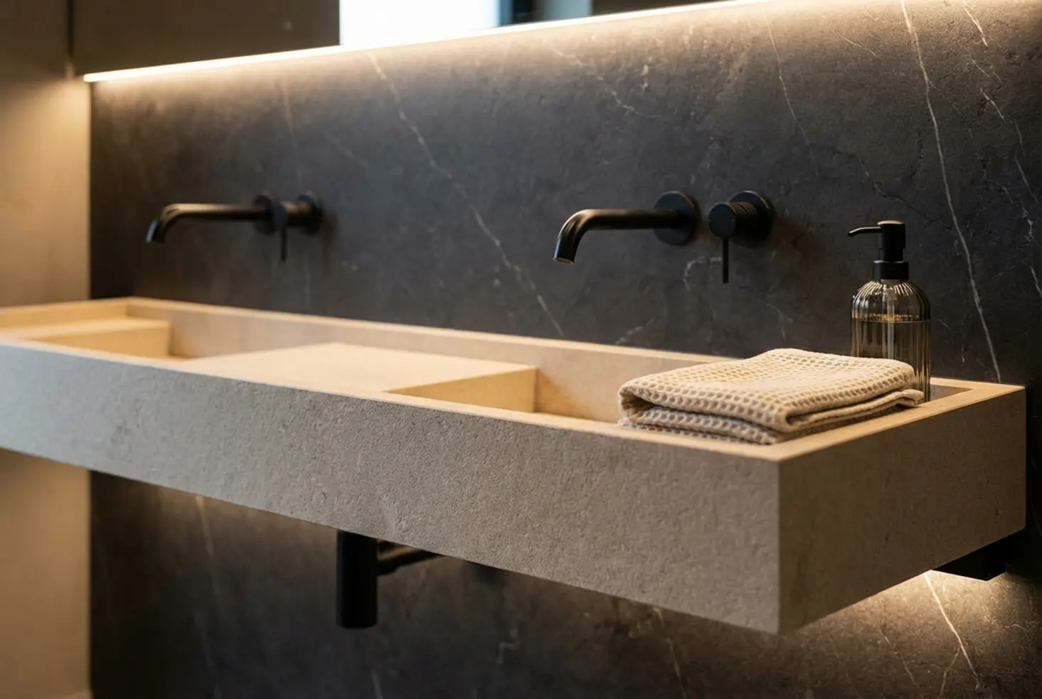 Detalle de baño de alta gama con acabados en porcelánico y materiales resistentes