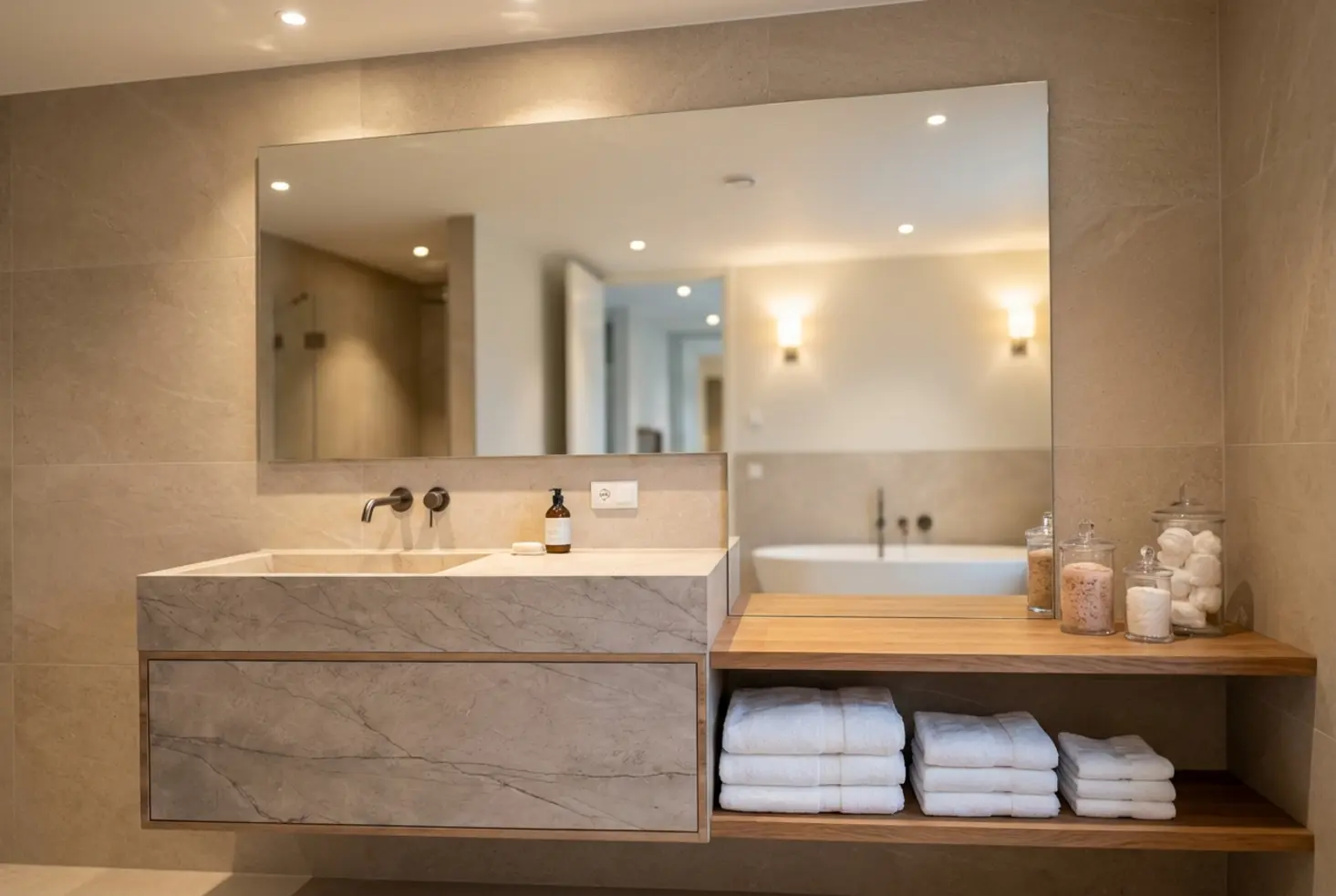 Baño familiar espacioso con diseño moderno y almacenamiento organizado