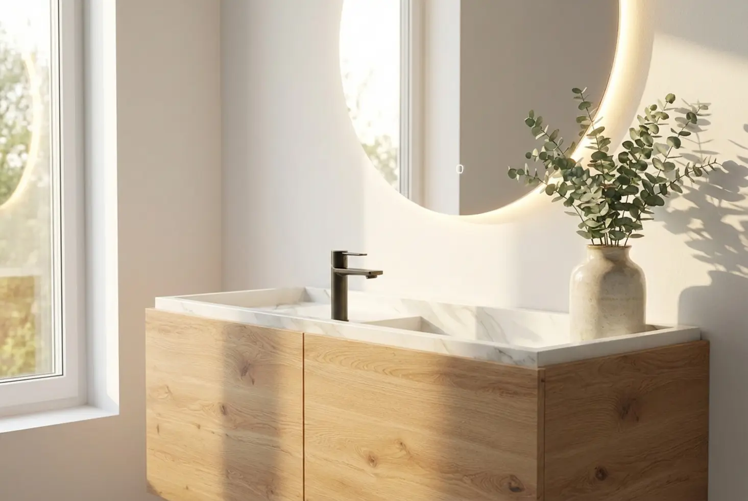 Mueble de baño con lavabo de mármol, grifería negra y espejo redondo retroiluminado