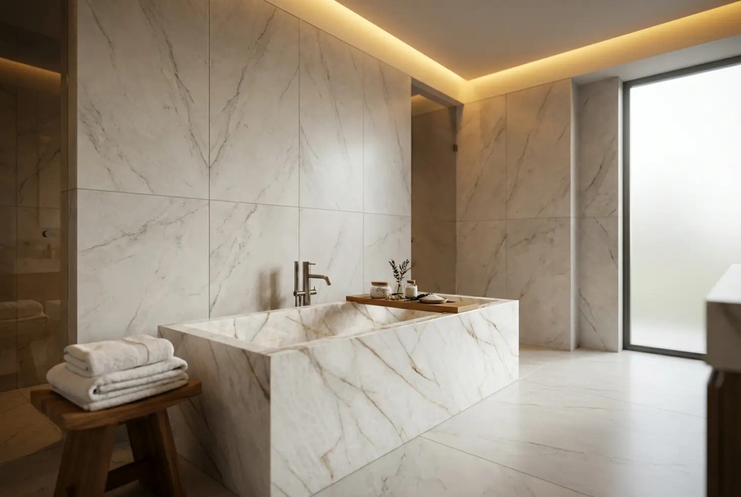 Bañera de diseño en baño de lujo revestido con porcelánico de gran formato