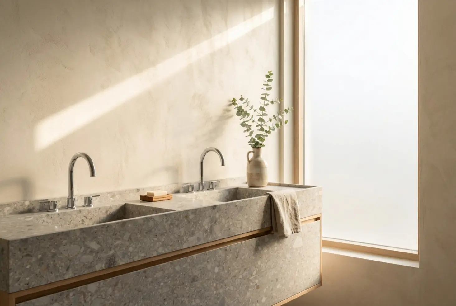 Mueble de baño de diseño minimalista con lavabo doble integrado en piedra gris