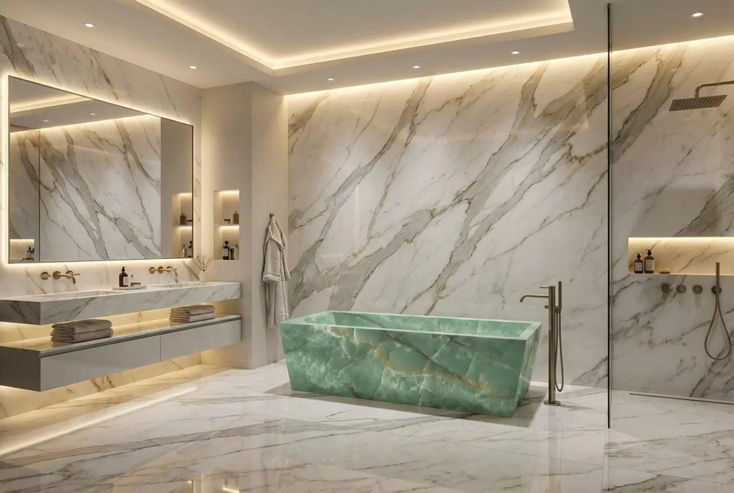 Bañera exenta frente a un mural porcelánico de gran formato efecto mármol