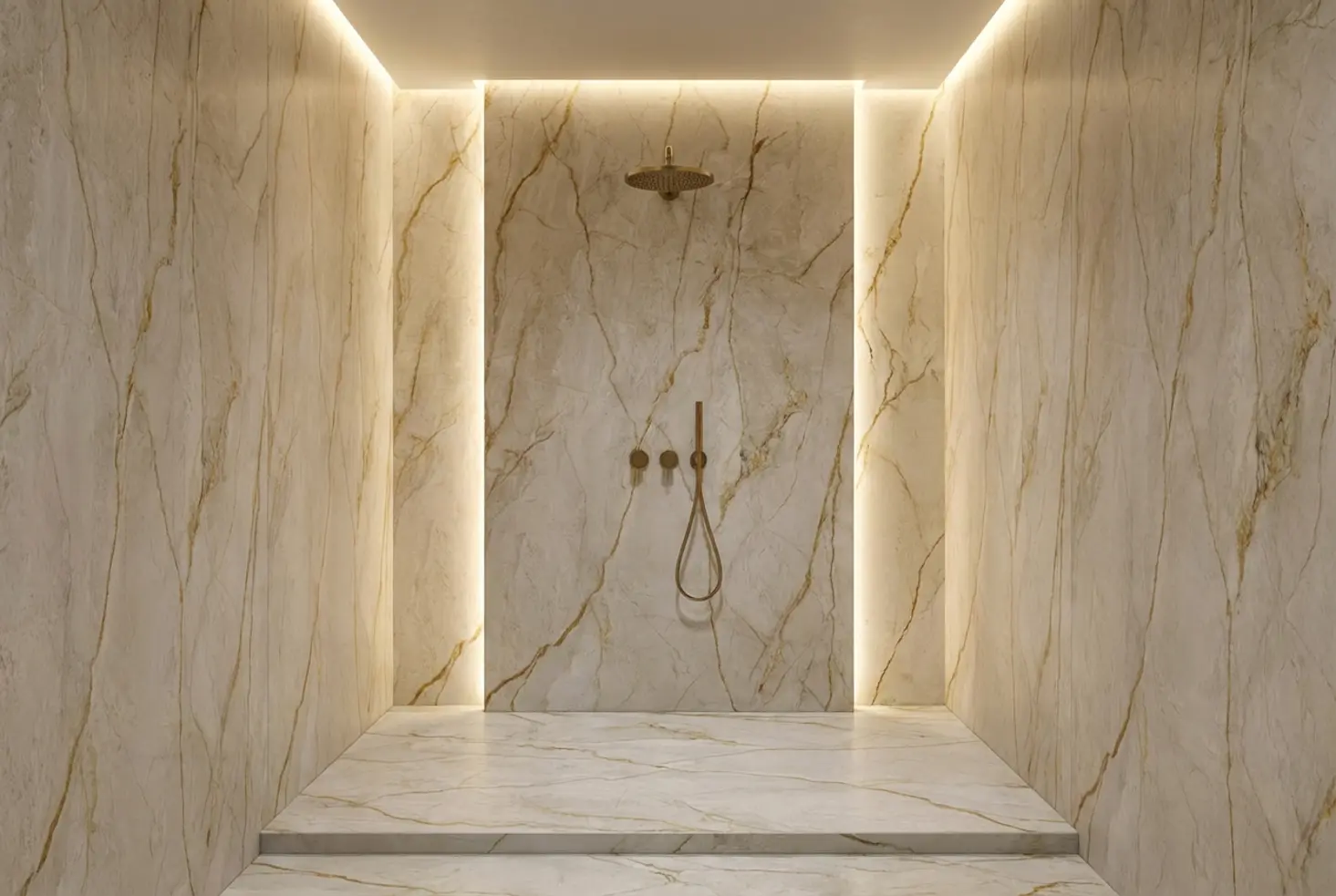 Ducha moderna con revestimiento de mural técnico sin juntas para máxima higiene