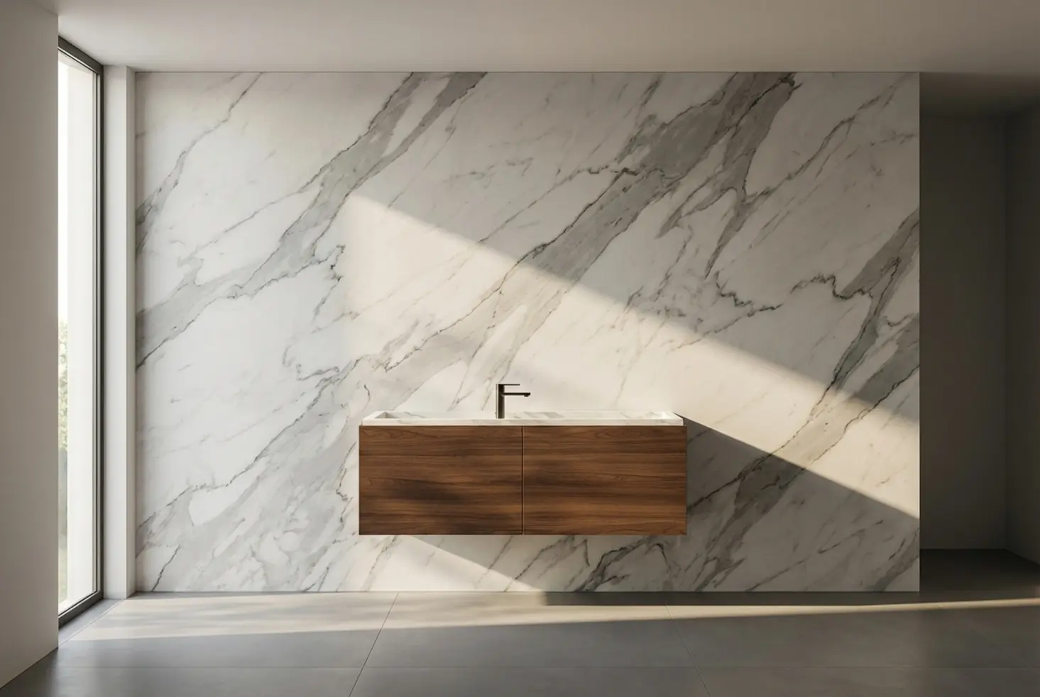 Mural decorativo de pared con diseño de mármol blanco y gris en un baño minimalista