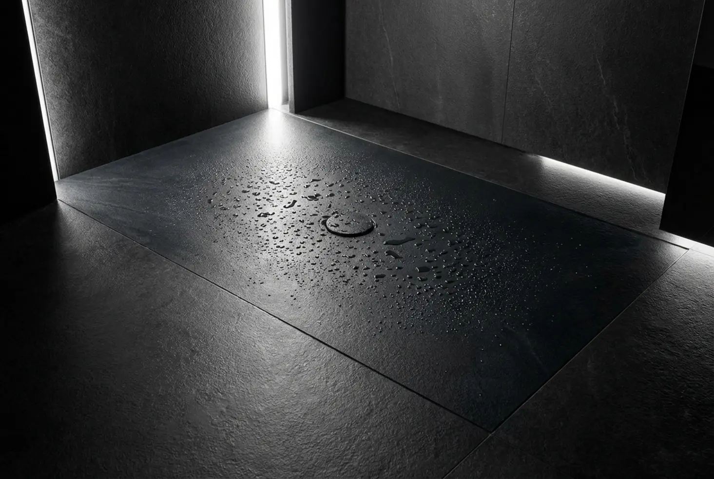 Zona de ducha moderna con superficies de Dekton gris oscuro resistentes al agua y diseño industrial de lujo