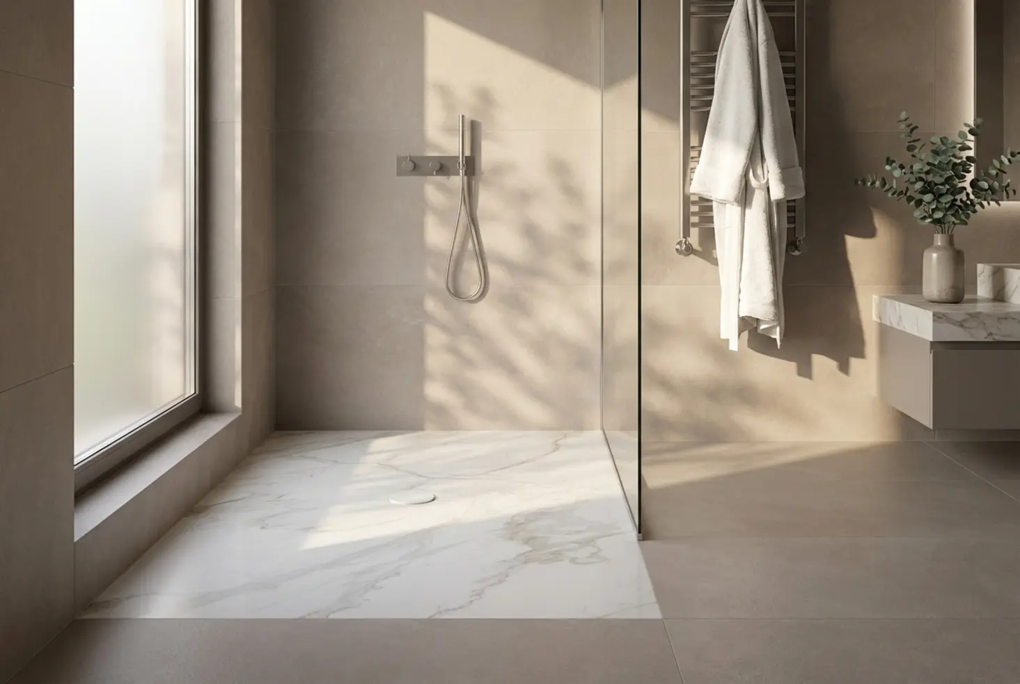 Elegante plato de ducha con acabado mármol blanco en un baño moderno de tonos neutros y luz natural.
