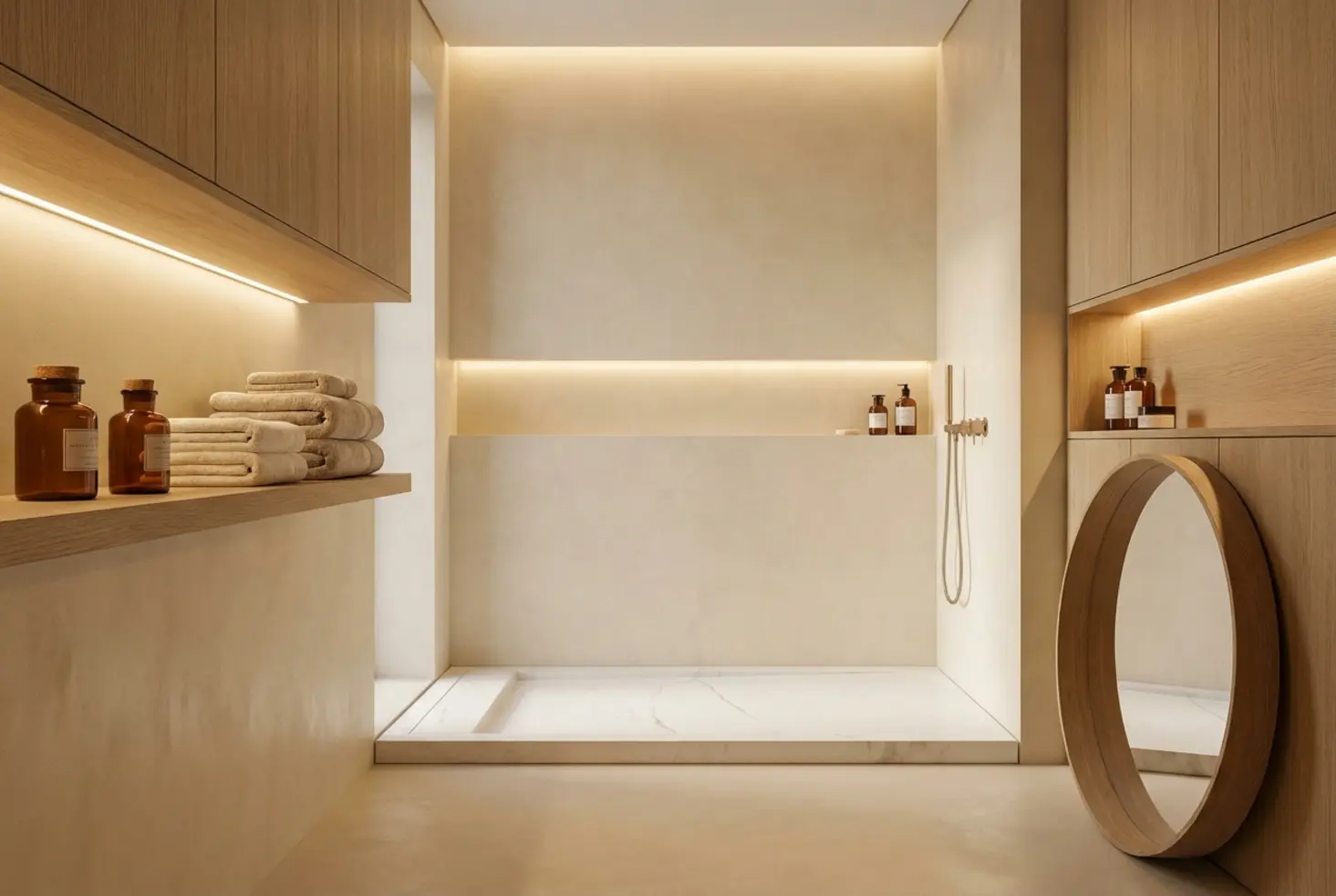 Ducha de estilo nórdico en tonos arena y beige con iluminación cálida