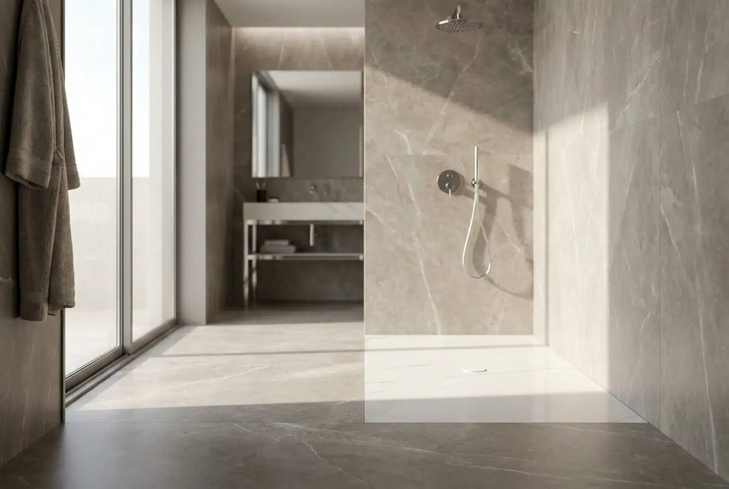 Baño moderno de hotel con plato de ducha Luponcio integrado con revestimiento de cerámica Marazzi efecto mármol