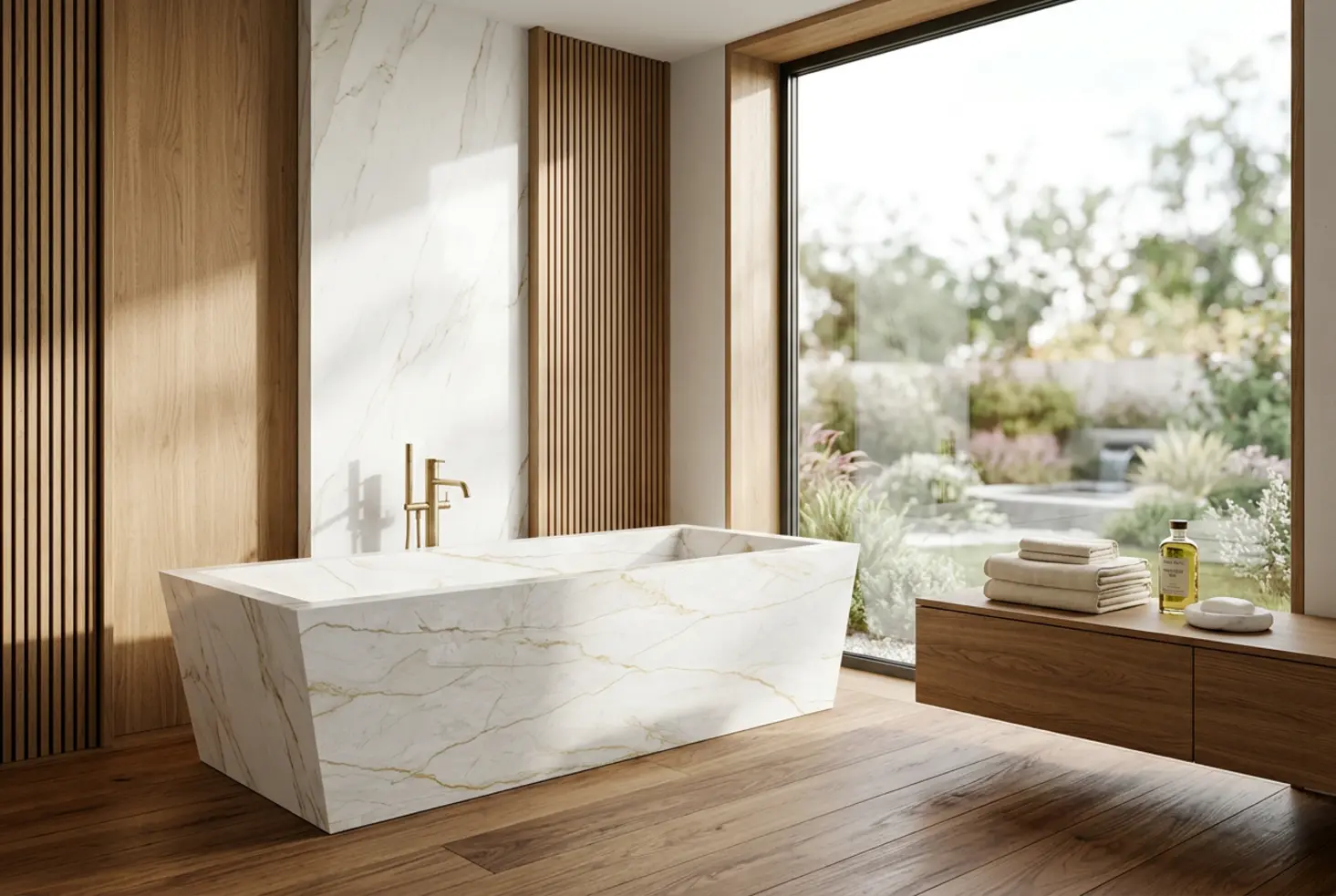 Baño de lujo tipo spa que combina madera natural y piedra tecnológica