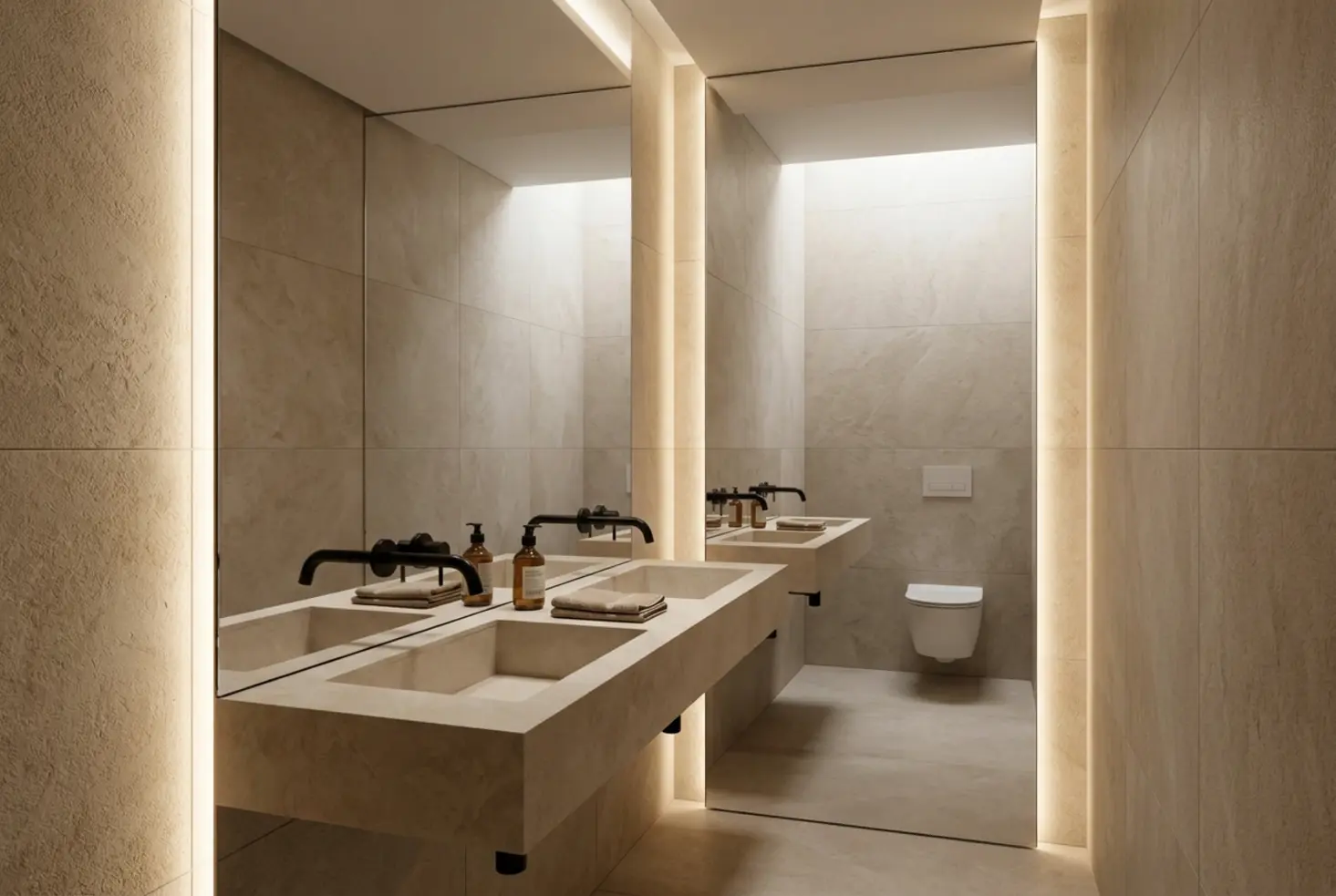 Interior de un baño estrecho con lavabo doble flotante y acabados en piedra natural