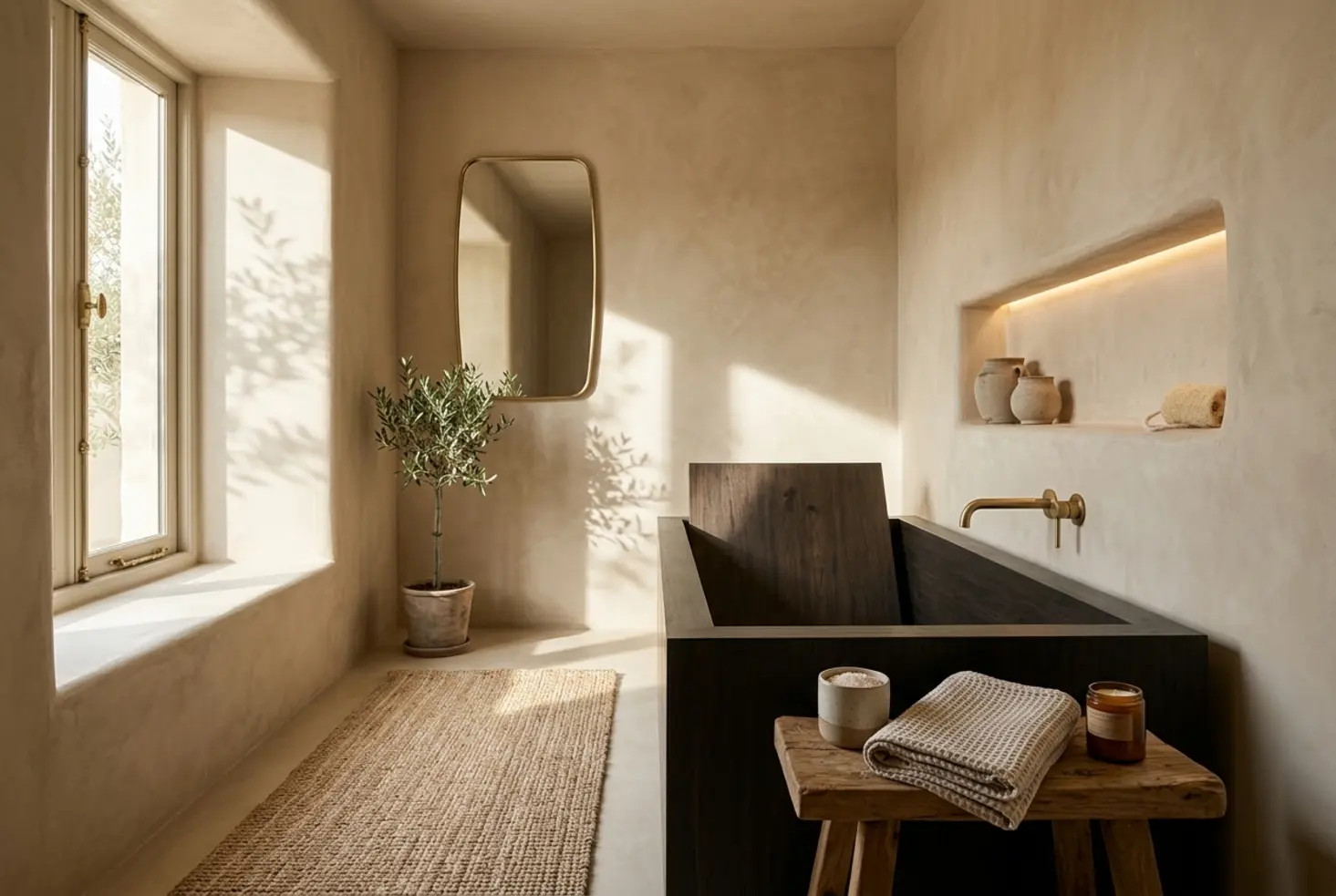 Revestimiento de microcemento en tonos tierra de estilo orgánico para baño