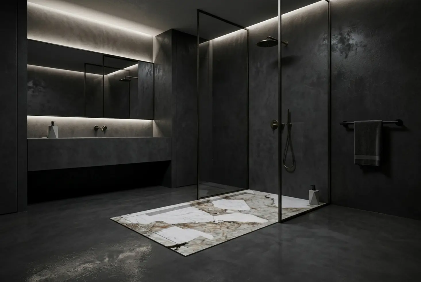Ducha de diseño con paredes de microcemento oscuro e impermeable