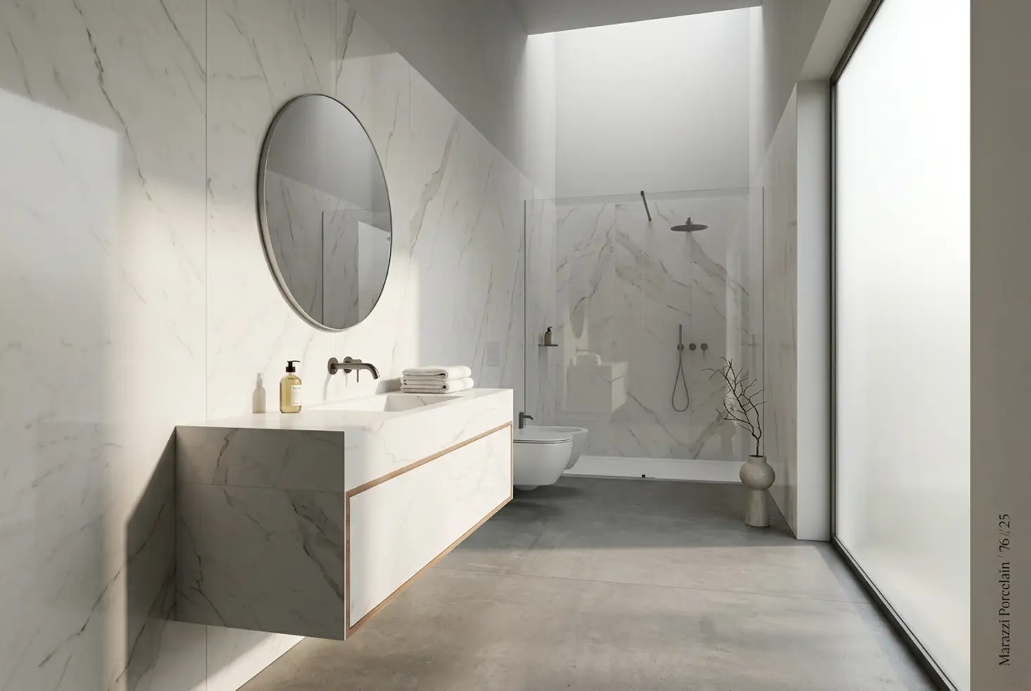 Interior de un baño premium con azulejos de porcelana efecto mármol y lavabo suspendido minimalista