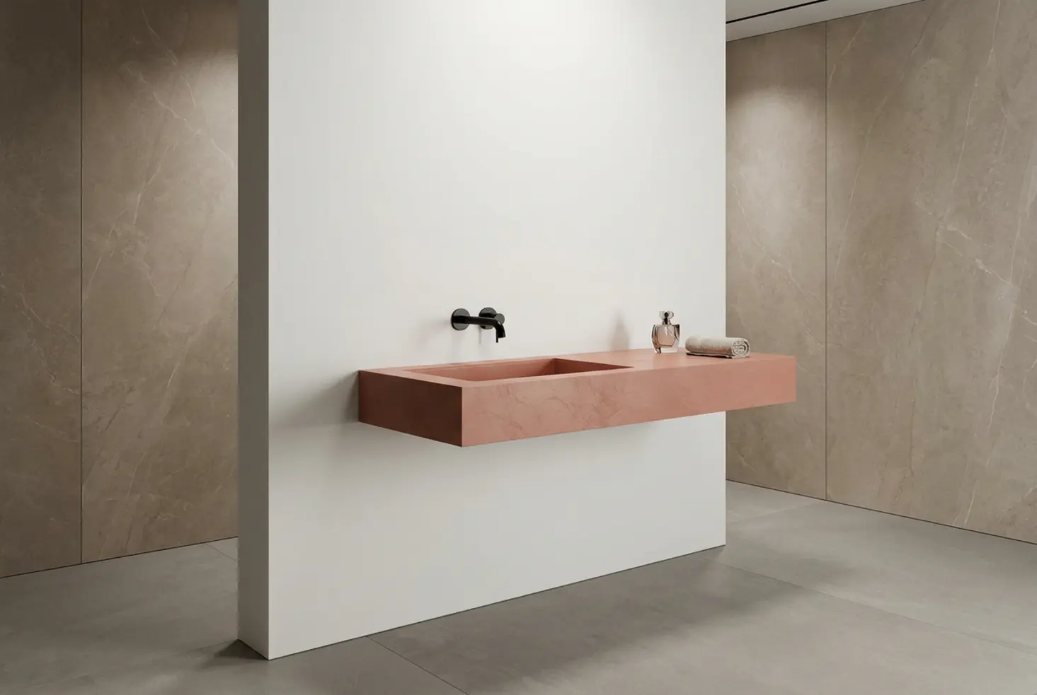 Lavabo porcelánico de exposición para showrooms en color terracota con grifería negra