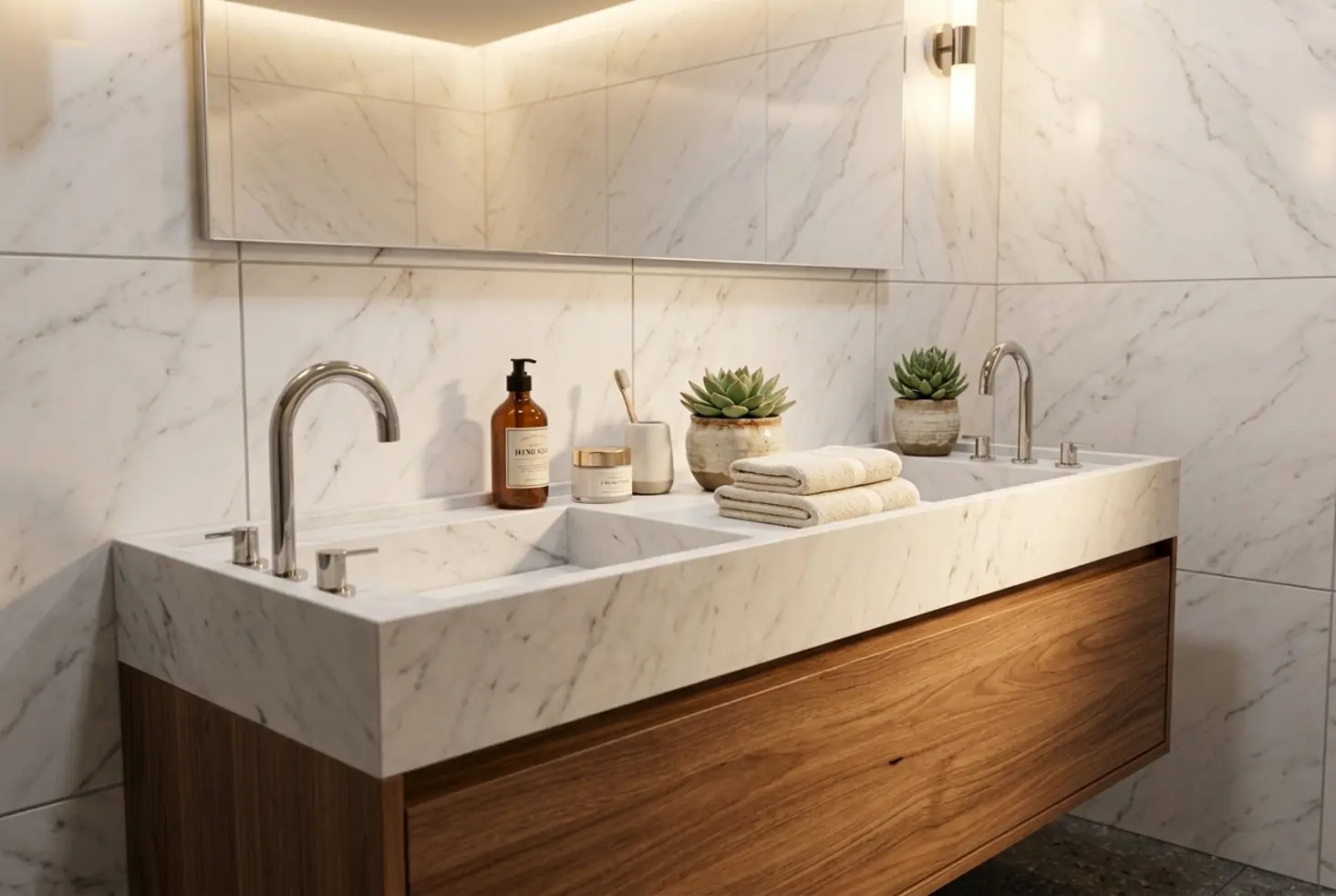 Mueble de baño funcional en un ambiente cálido y organizado