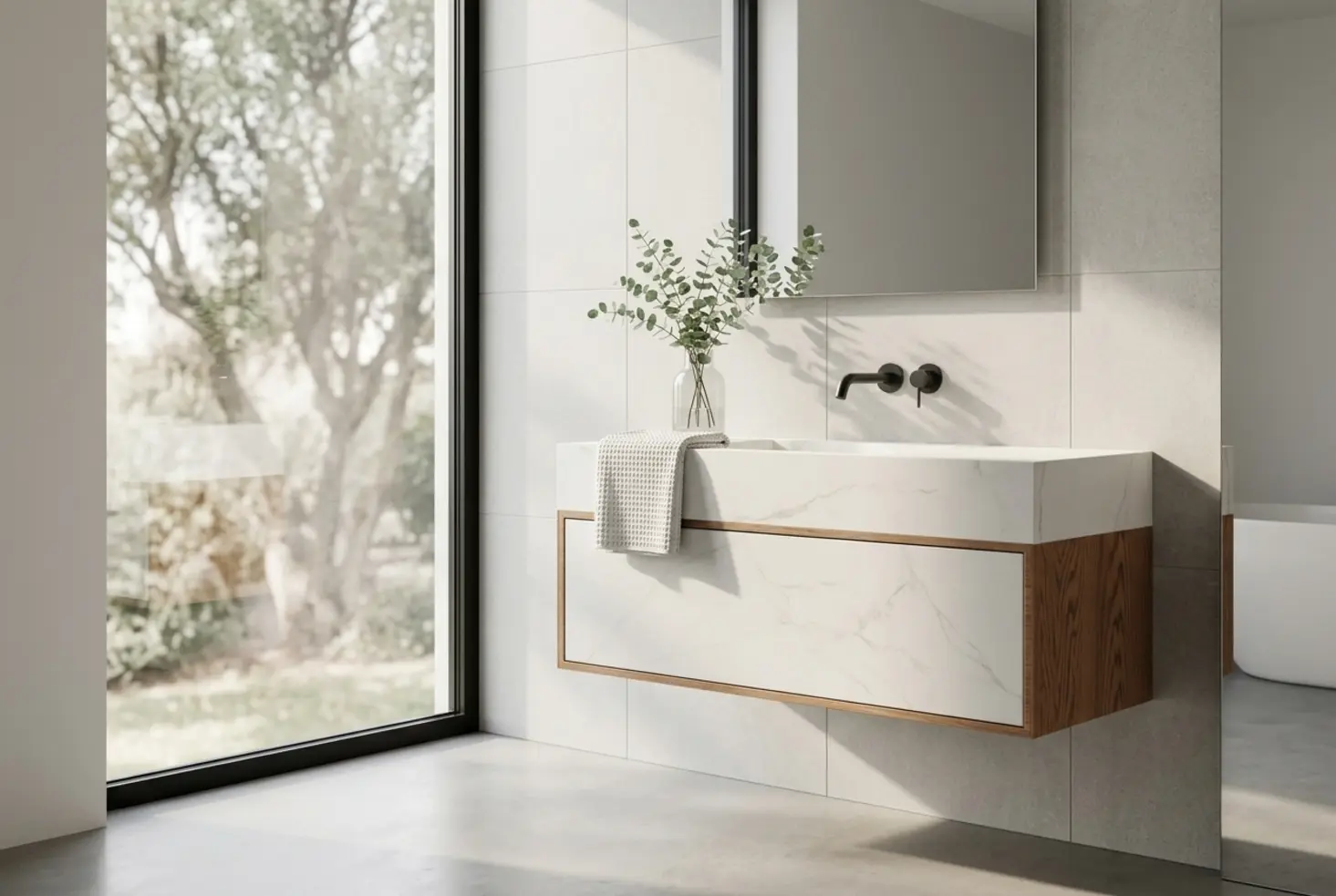Mueble de baño con lavabo integrado de efecto mármol y base de madera en un baño minimalista